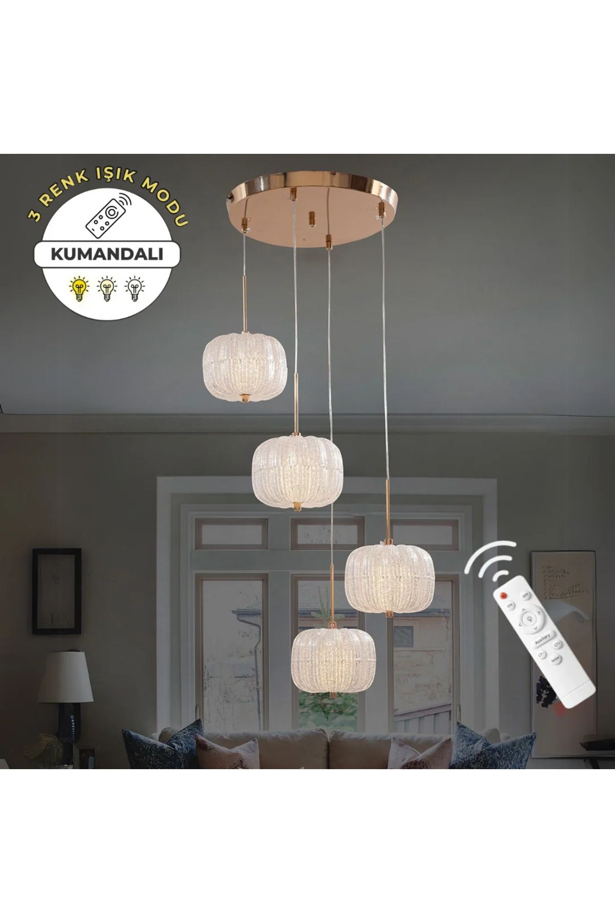 durulight Gold 4'Lü Lüks Kumandalı Dimmerli 3 Renk Ledli Avize Modern Led Avize