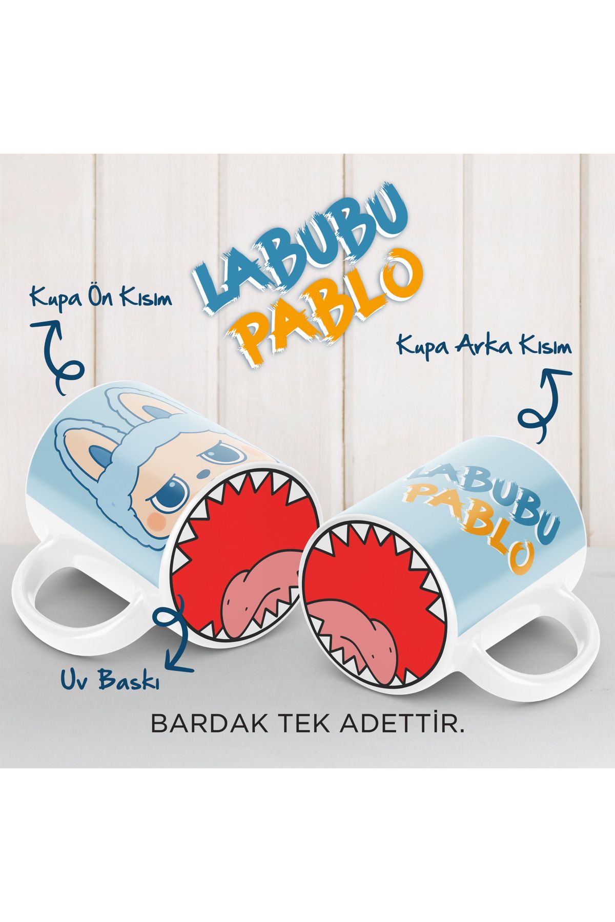 YELKOVAN TASARIM Labubu Pablo Tasarımlı, Alt Taban UV Baskılı Beyaz Porselen Kupa