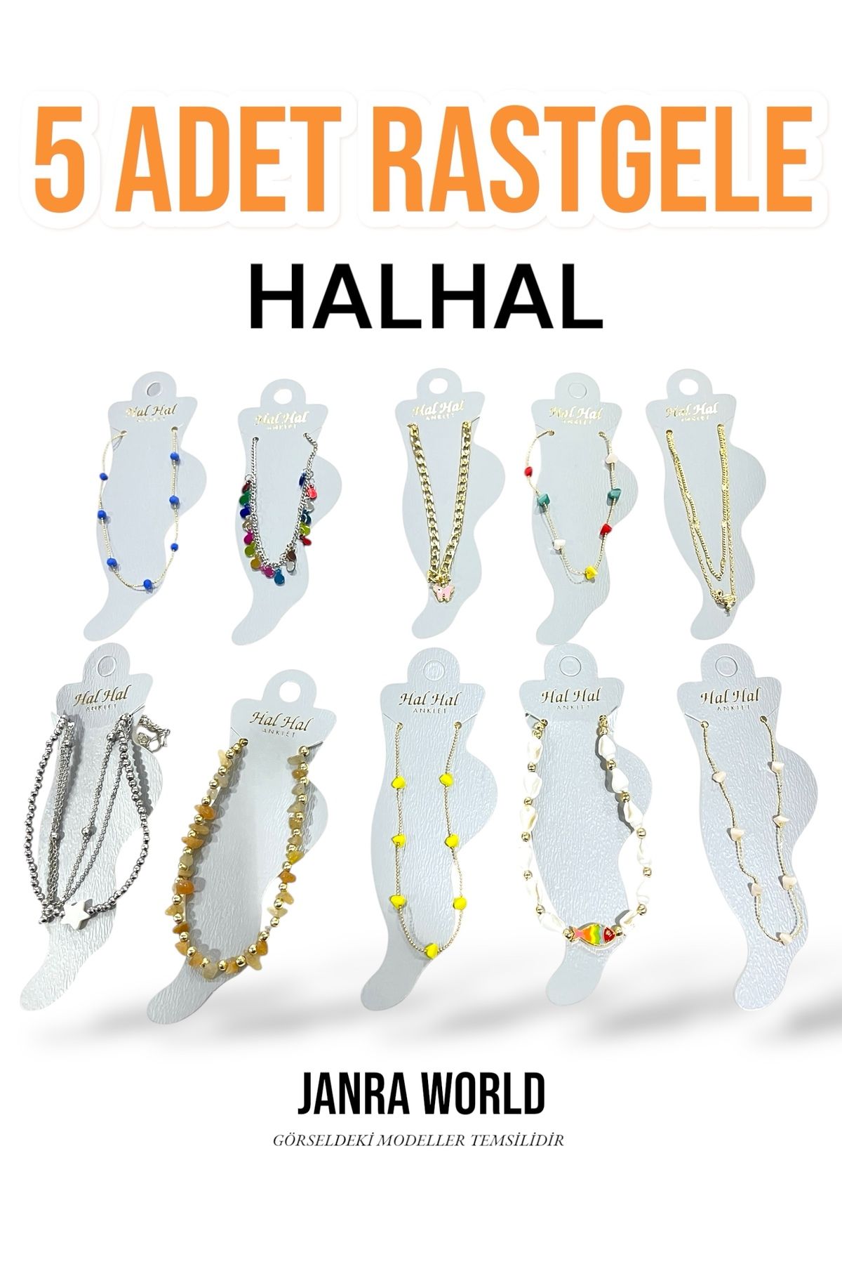 JANRA WORLD 5 Adet Rastgele Halhal - Ayarlanabilir Kadın Halhal Seti - Yazlık Renkli Takı Kombini