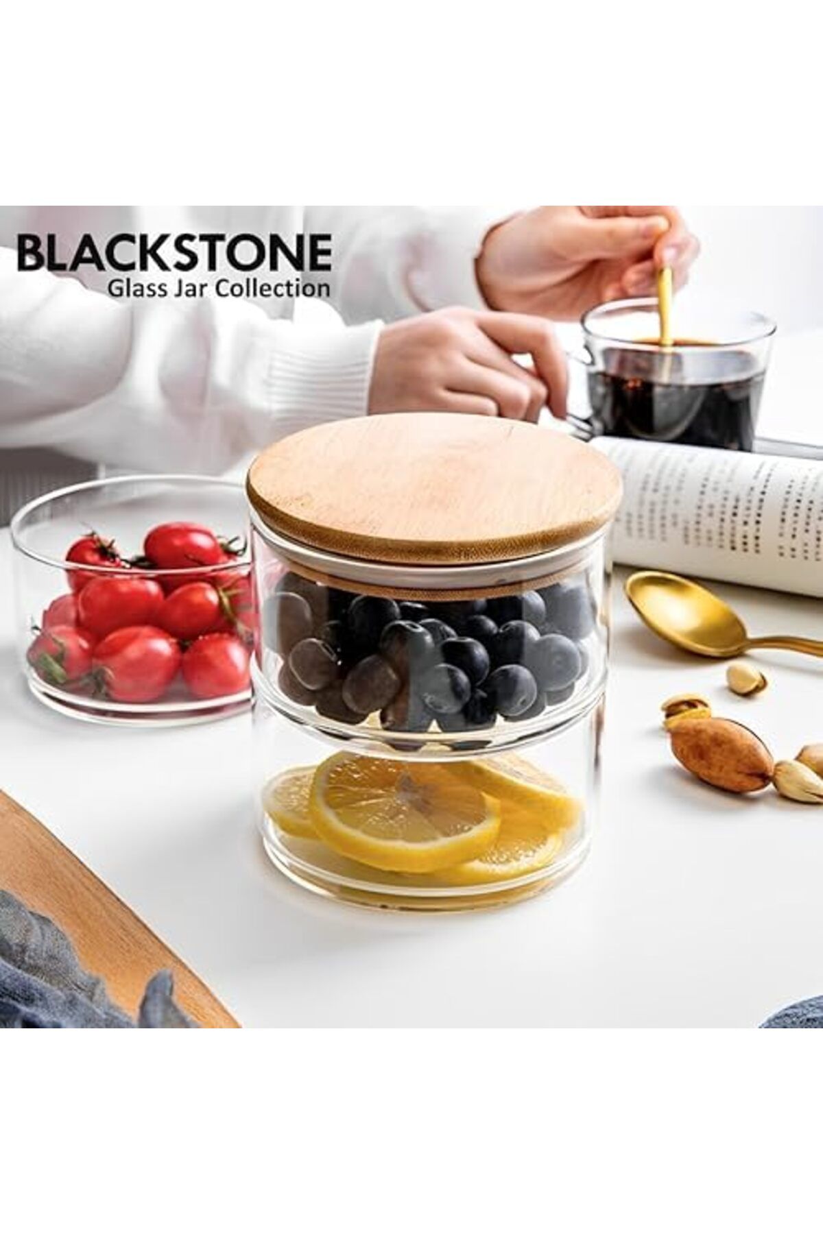 Blackstone-مرطبان زجاجي للتخزين بطبقتين مع غطاء محكم الإغلاق من الخيزران - سعة 400 مل (200 مل لكل منهما) 3