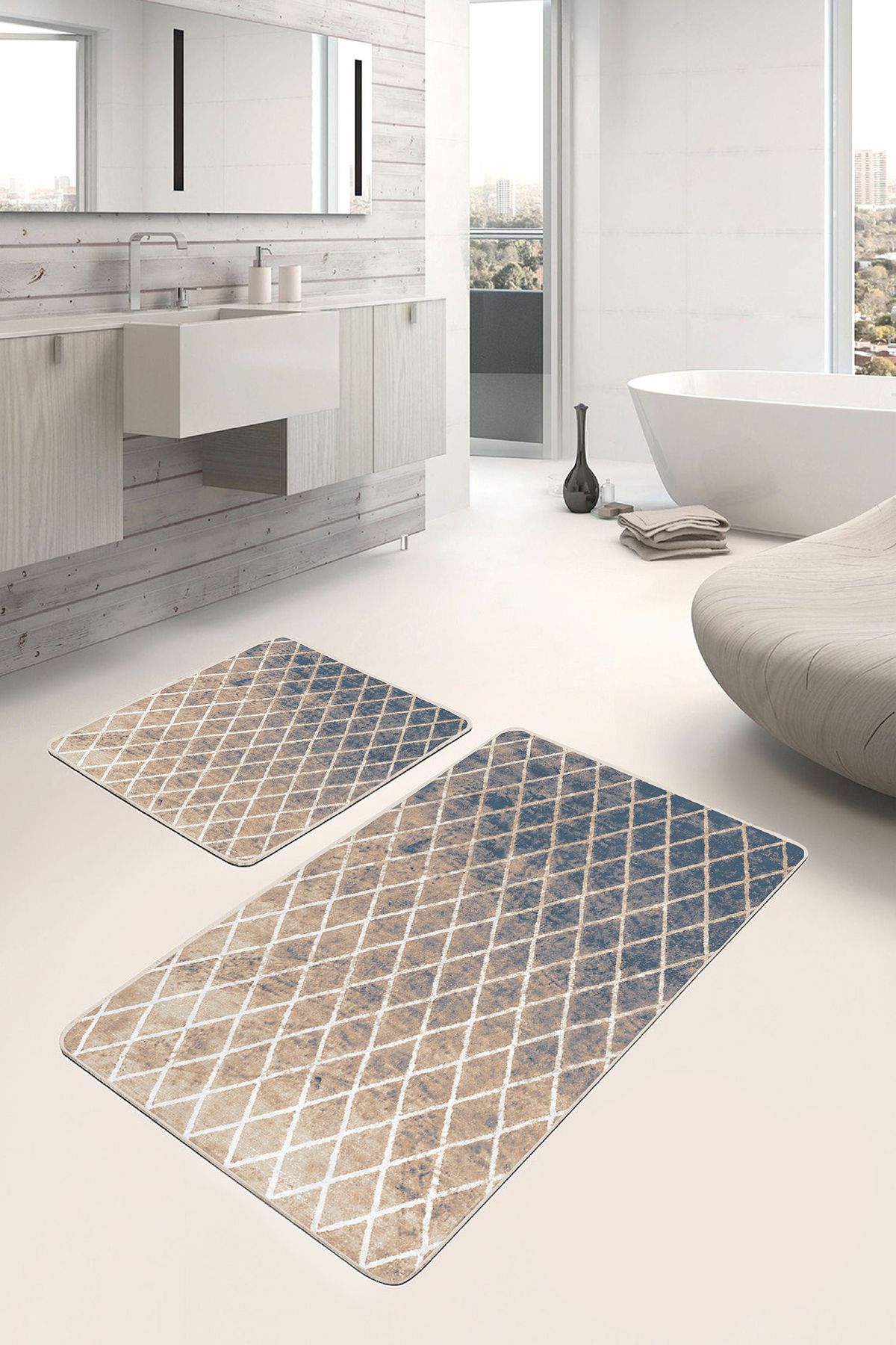 Realhomes 2'li Set Krem Zeminde Baklava Motifli Antik Geometrik Eskitme Motifli 2'li Banyo Paspas Takımı