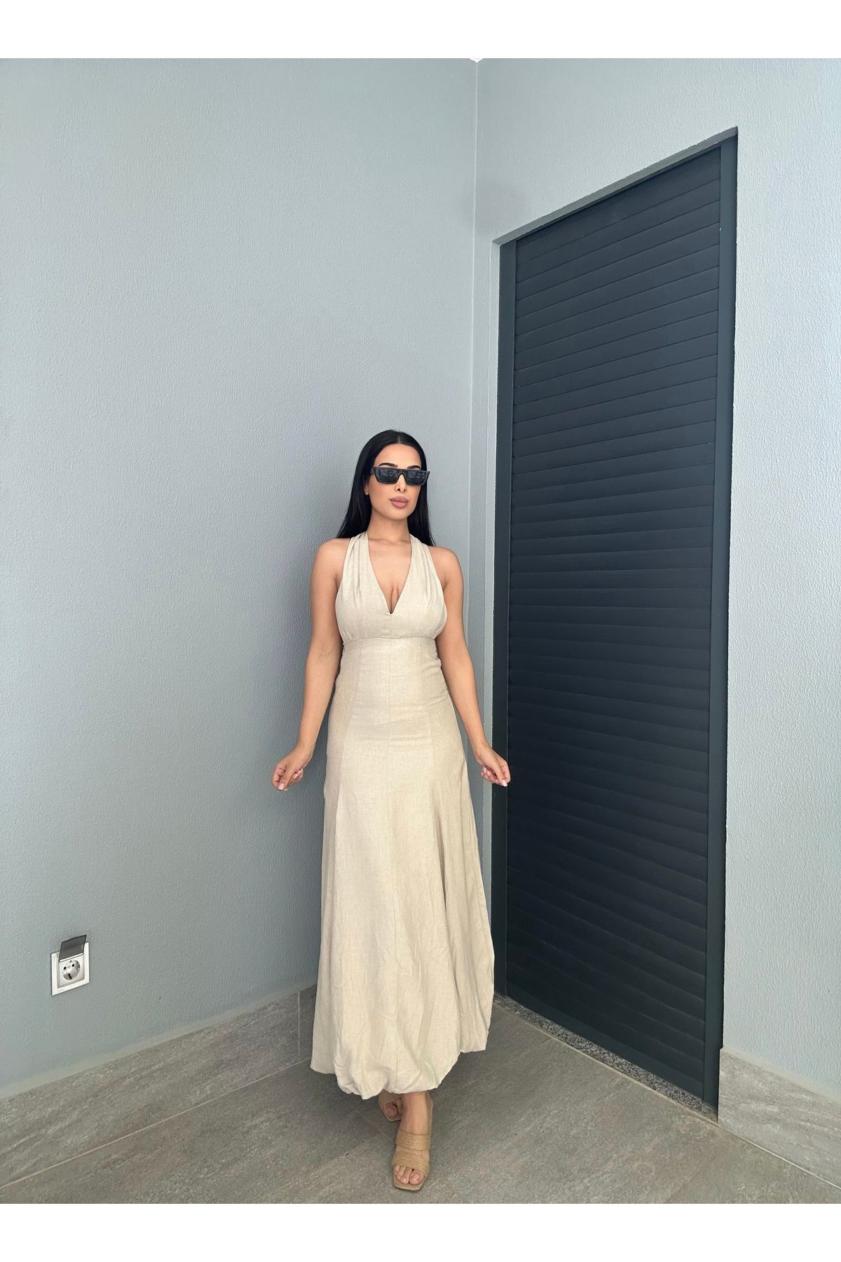 NurKaraBoutique Ham Keten Sırt Detaylı Balon Etek Elbise