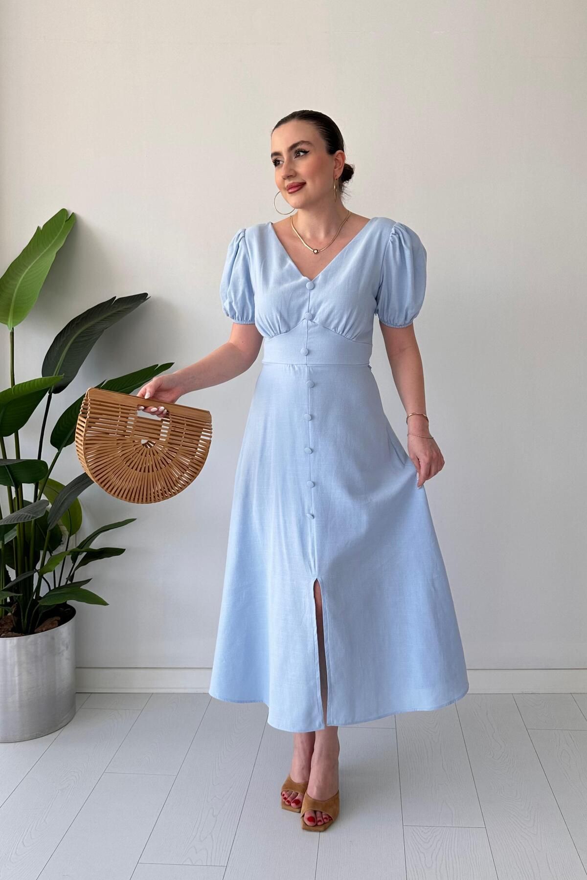 MaziButik Sıra Düğmeli Astarlı Elbise Bebe Mavi