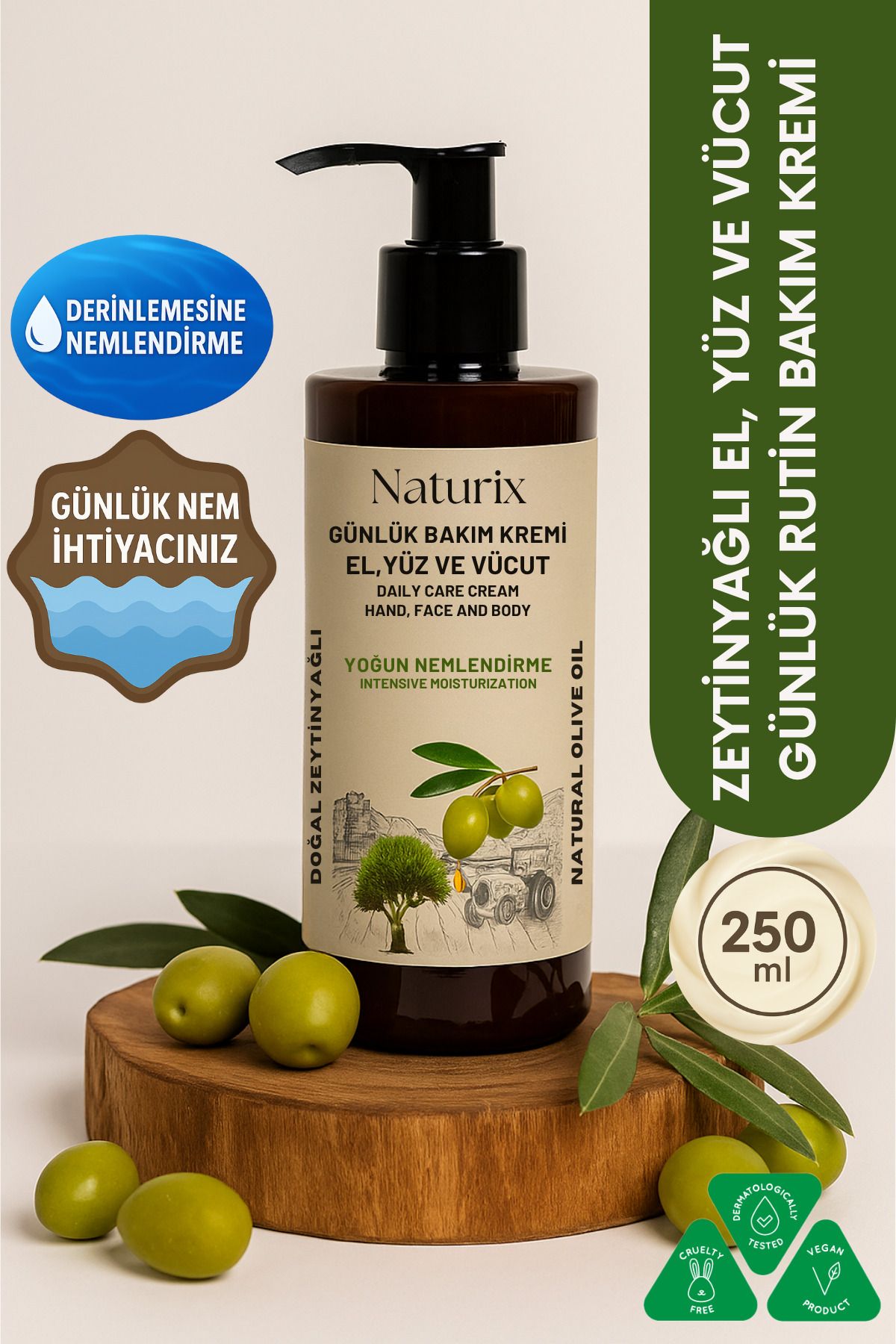 Naturix Zeytinyağlı Nemlendirici Krem 250 ml – El, Yüz & Vücut Losyonu Hassas Ciltler Için Besleyici