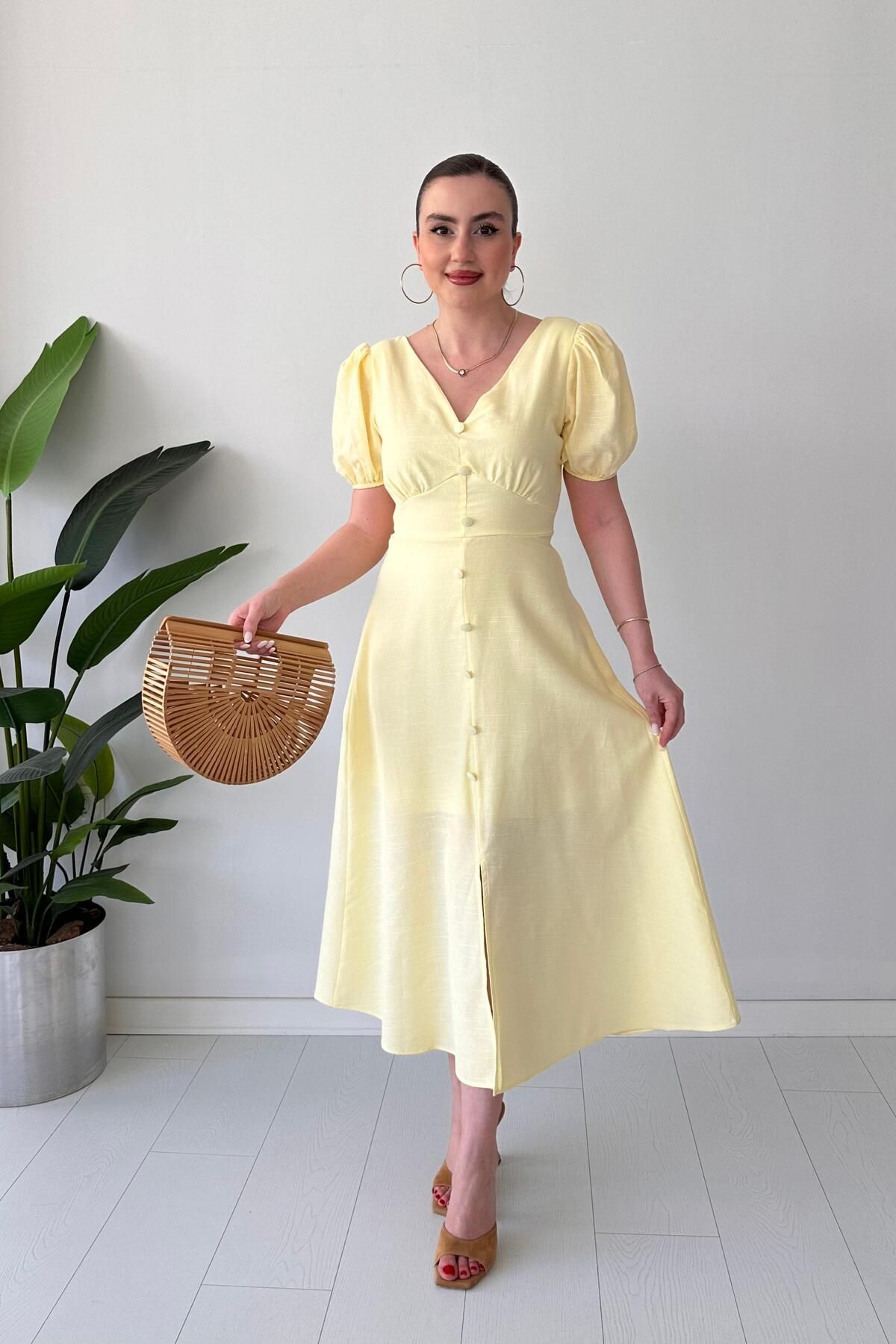 MaziButik Sıra Düğmeli Astarlı Elbise Sarı