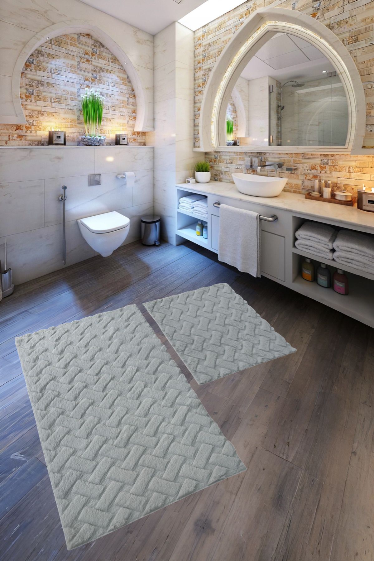 Myevilla Desenli Tavşan Tüyü Yumuşak 2’li Banyo Paspası – Kaymaz Tabanlı Klozet Takımı Gri