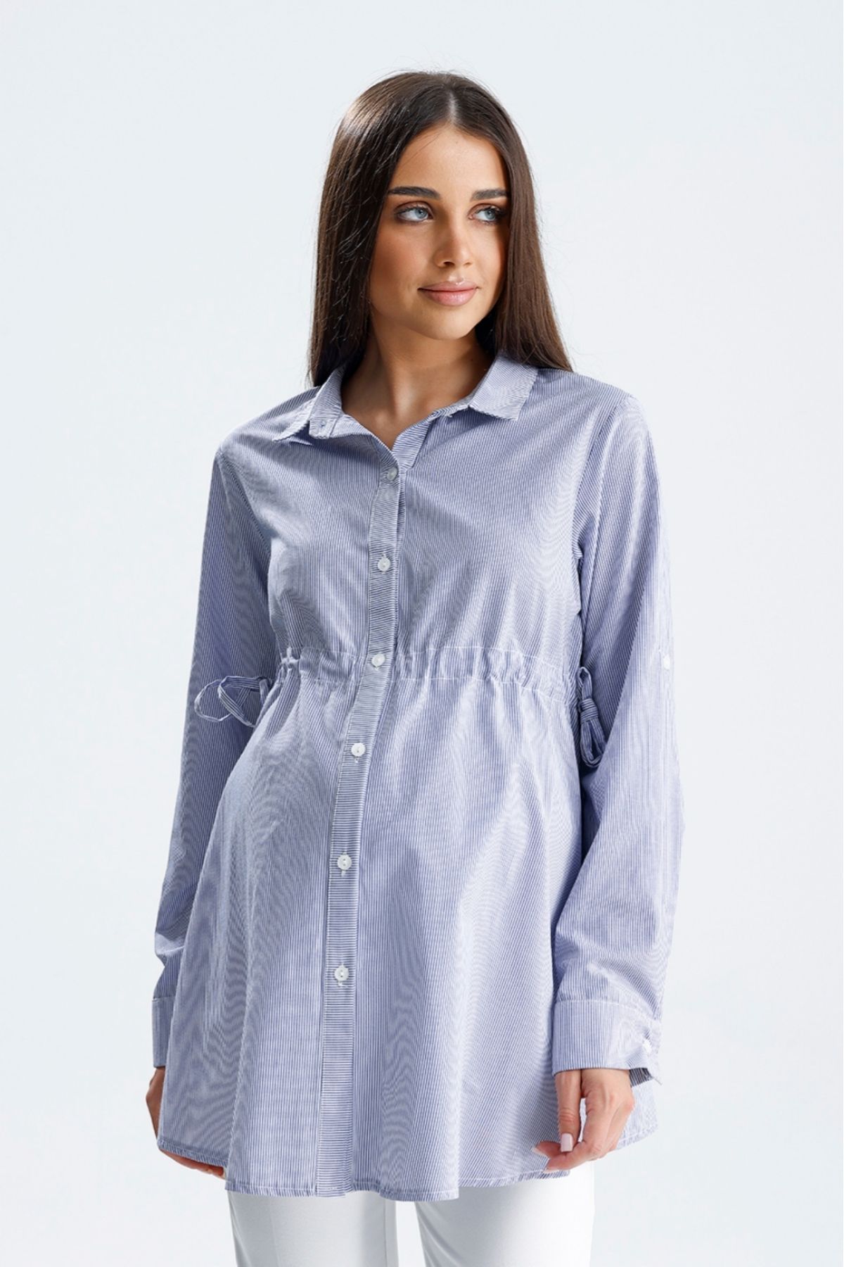 KATLİN MATERNİTY WEAR Hamile Gömlek, Çizgili Poplin Kumaş, Yanlardan Bağcık ve Kollar Kıvrımlı Detaylı