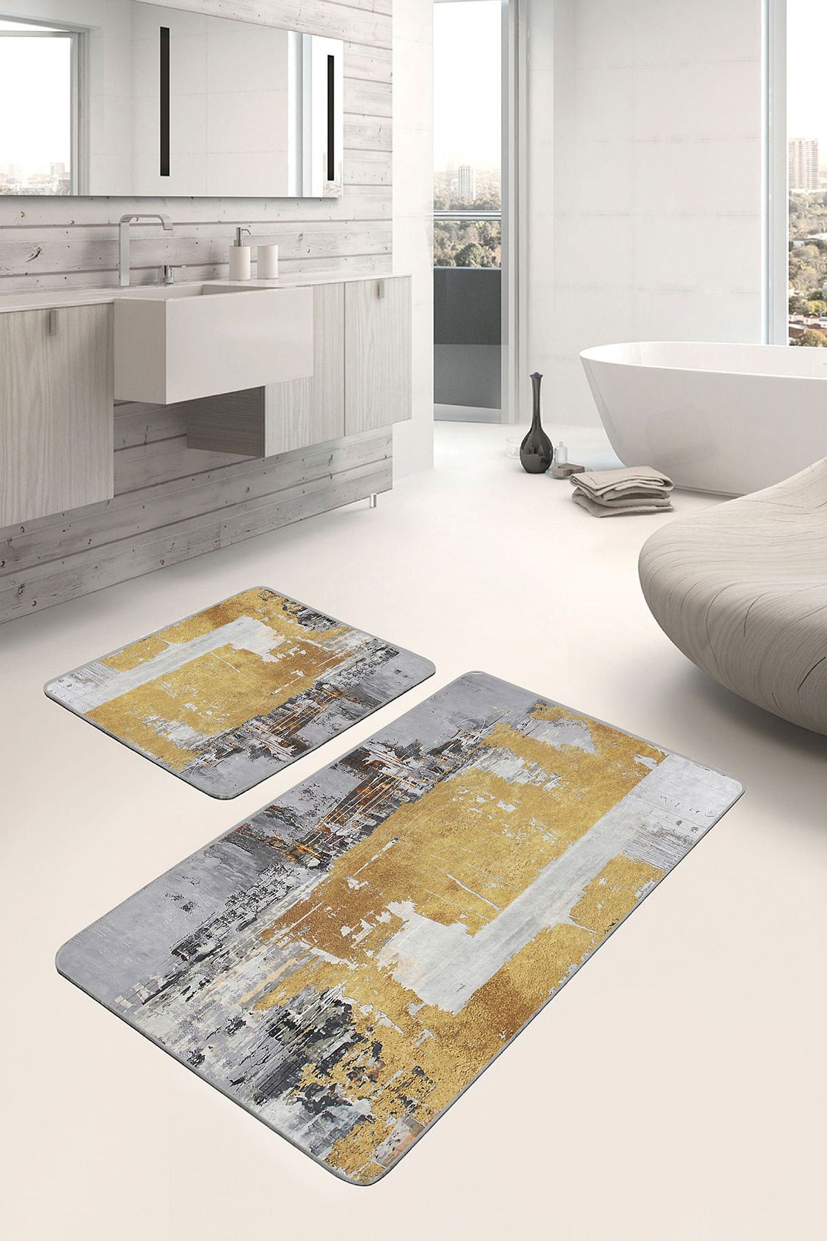 Realhomes 2'li Set Gri - Gold Zeminde Altın Motifli Yağlıboya Desenli Modern Klasik 2'li Banyo Paspas Takımı