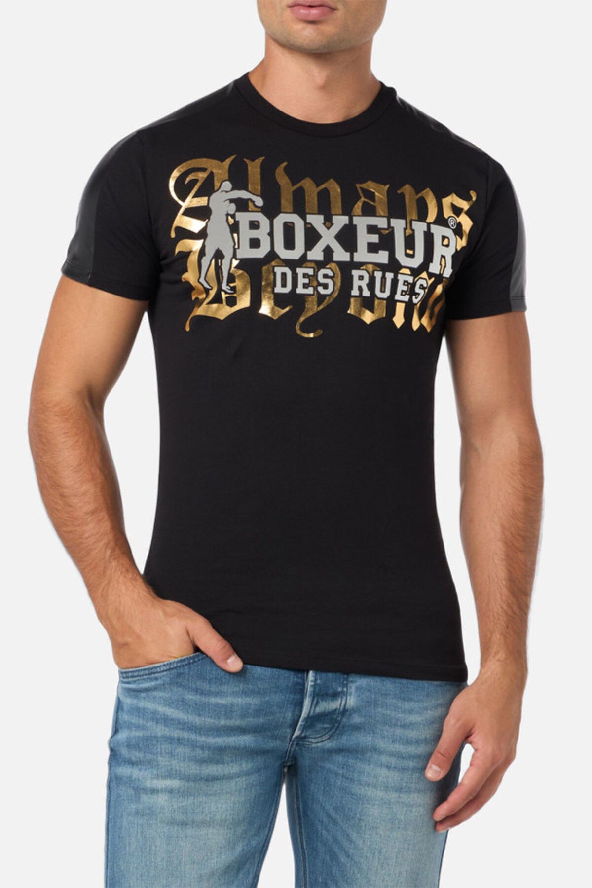 Boxeur Des Rues Black T-Shirt With Faux Leather Details Black-Gold