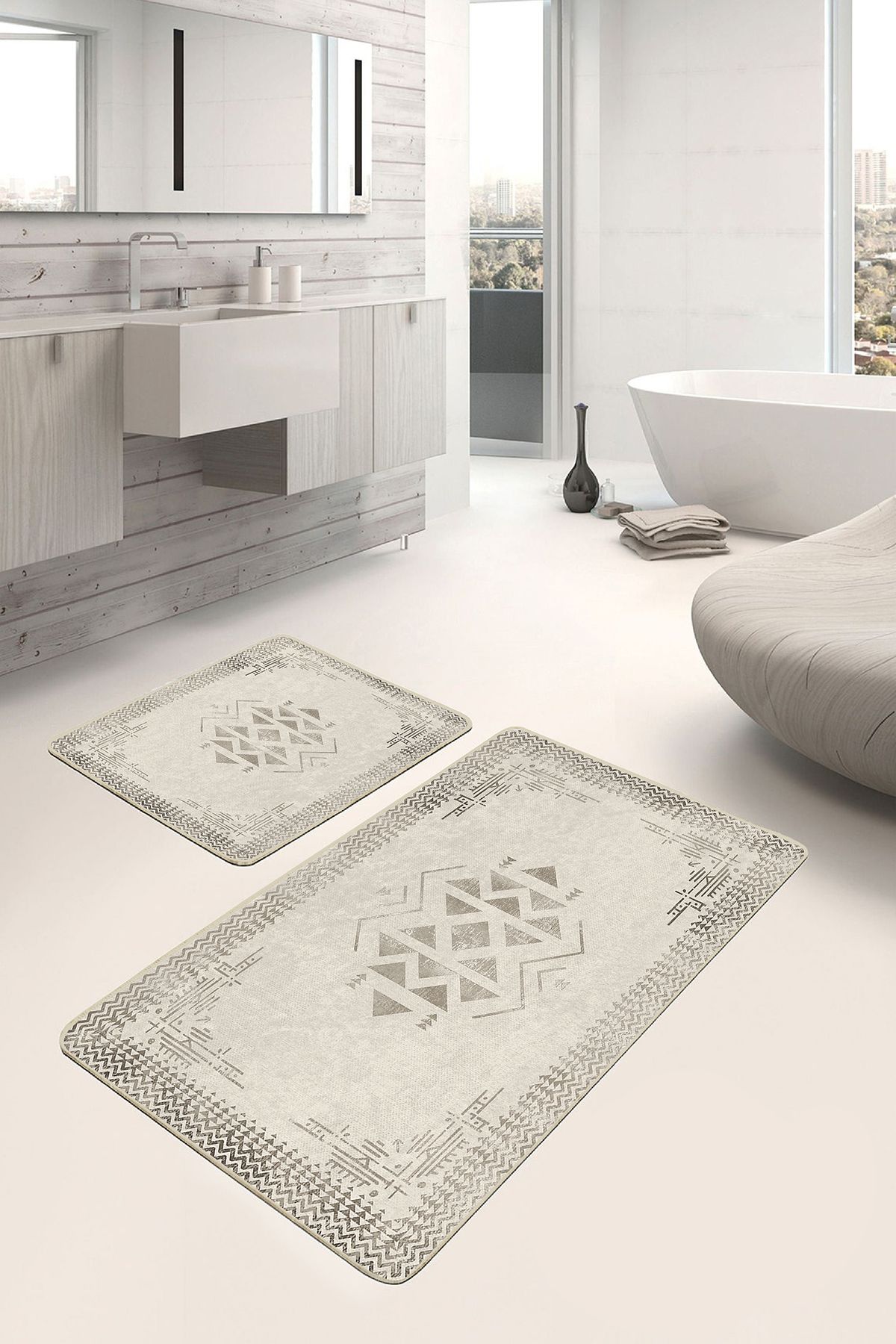 Realhomes Siyah- Gri Zeminde Çerçeveli Motifli Geleneksel Vintage Eskitme Motifli 2'li Banyo Paspas Takımı