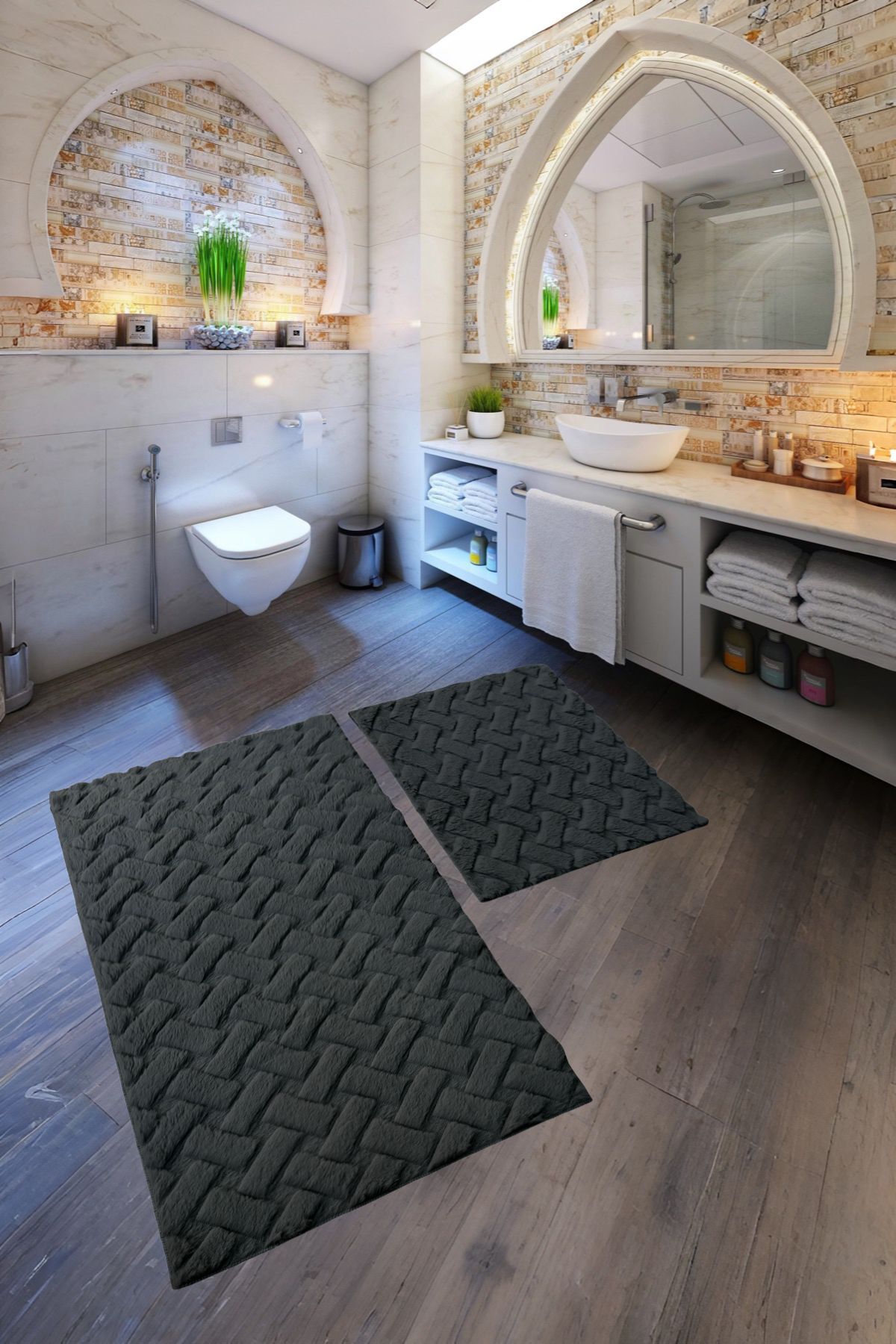 Myevilla Desenli Tavşan Tüyü Yumuşak 2’li Banyo Paspası – Kaymaz Tabanlı Klozet Takımı Antrasit