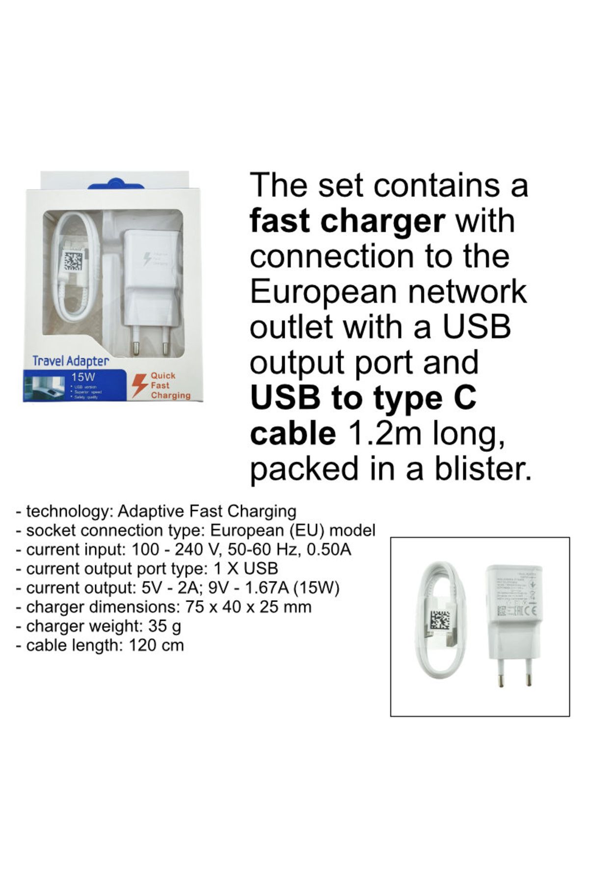 OEM-Set încărcător USB, 15W, EP-TA20EWE Încărcare rapidă adaptivă, cu cablu tip C EP-DN930CWE 1,2m, alb 6