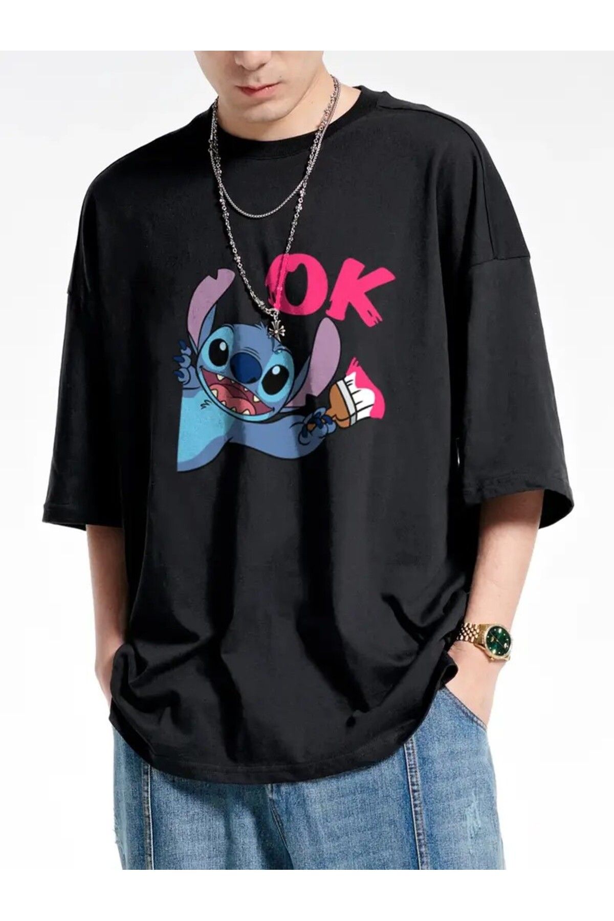 DEEFWEAR Siyah Stitch Ok Written Ön Baskılı Unisex Oversize Tshirt