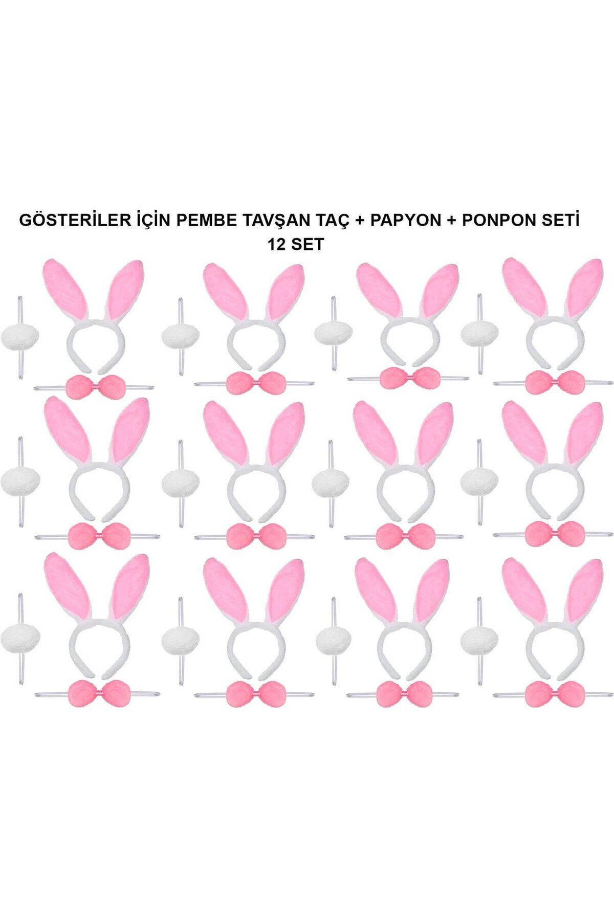 Vemora Pembe Tavşan Kostüm Seti – Taç, Papyon, Ponpon (12’li Paket)
