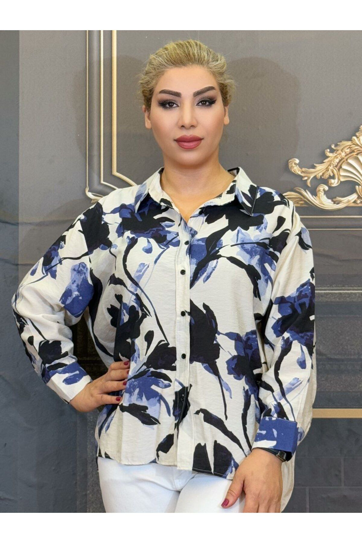 Yeşilmoda Gömlek Pamuklu viskon Erkek yaka Uzun kollu Desenli Standart beden günlük Düğmeli