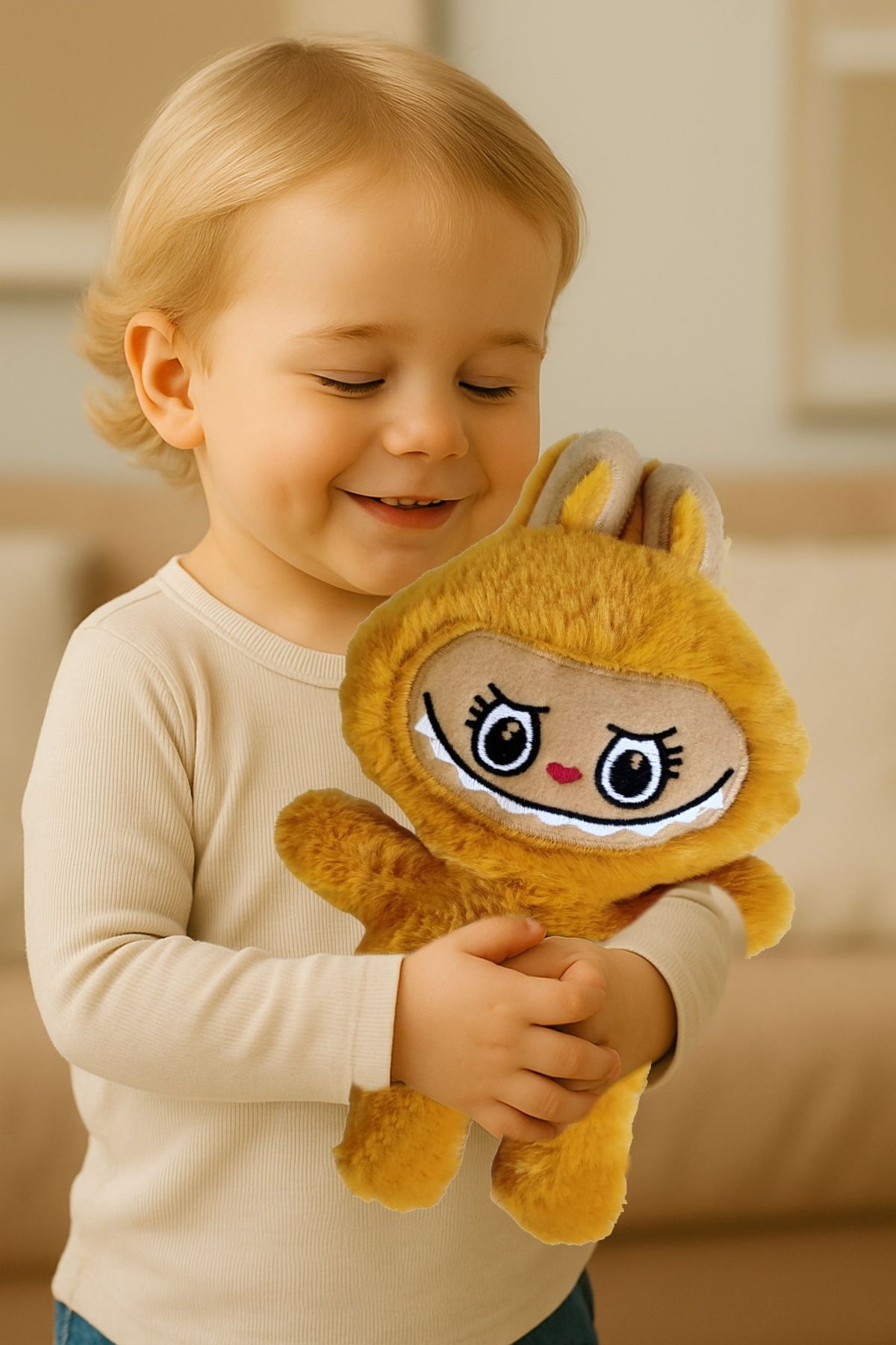 Hediye Molası Labubu Peluş Oyuncak 30 cm – Sevimli ve Yumuşacık Karakter Oyuncak Hardal