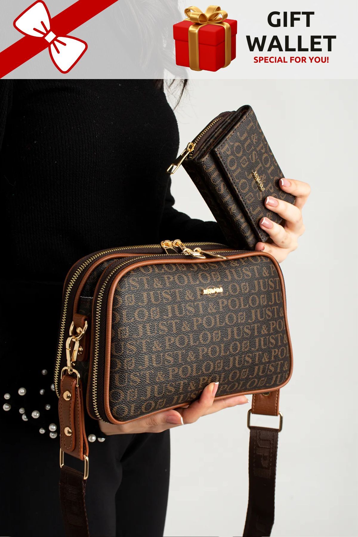 Just Polo Women's 4 Compartment Shoulder Bag and Wallet