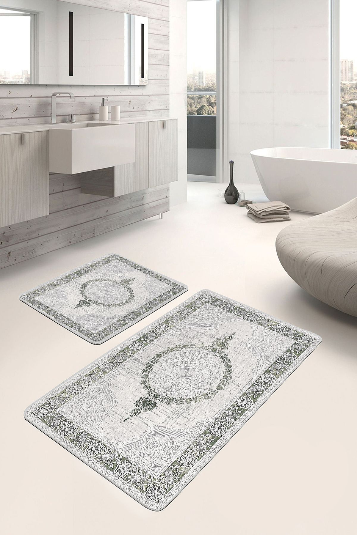 Realhomes 2'li Set Yeşil - Krem Zeminde Rustik Motifli Etnik Sade & Şık Avangarde 2'li Banyo Paspas Takımı