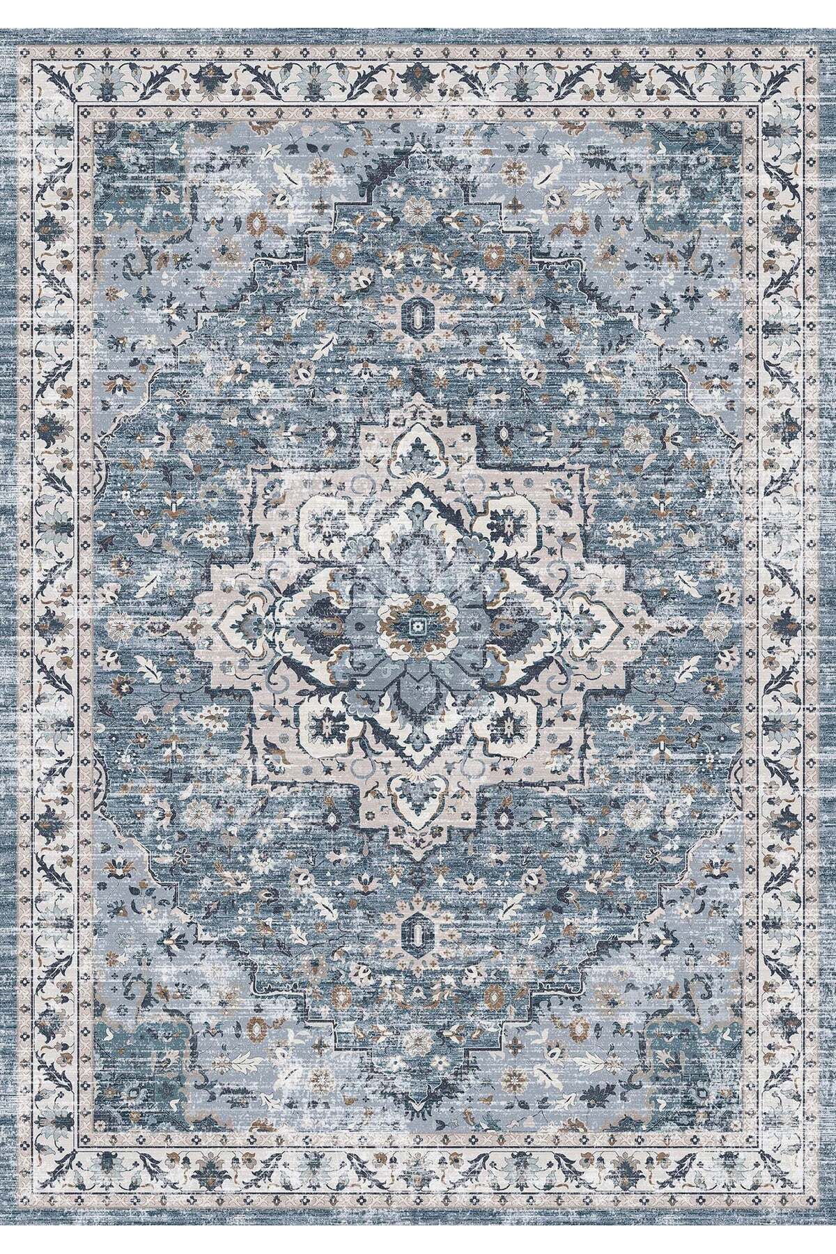 Rugs Modern Halı Mottos Koleksiyonu Mavi Tonlar Çiçek ve Etnik Detaylı Desenli Dokuma Taban Dekoratif Halı mottos30
