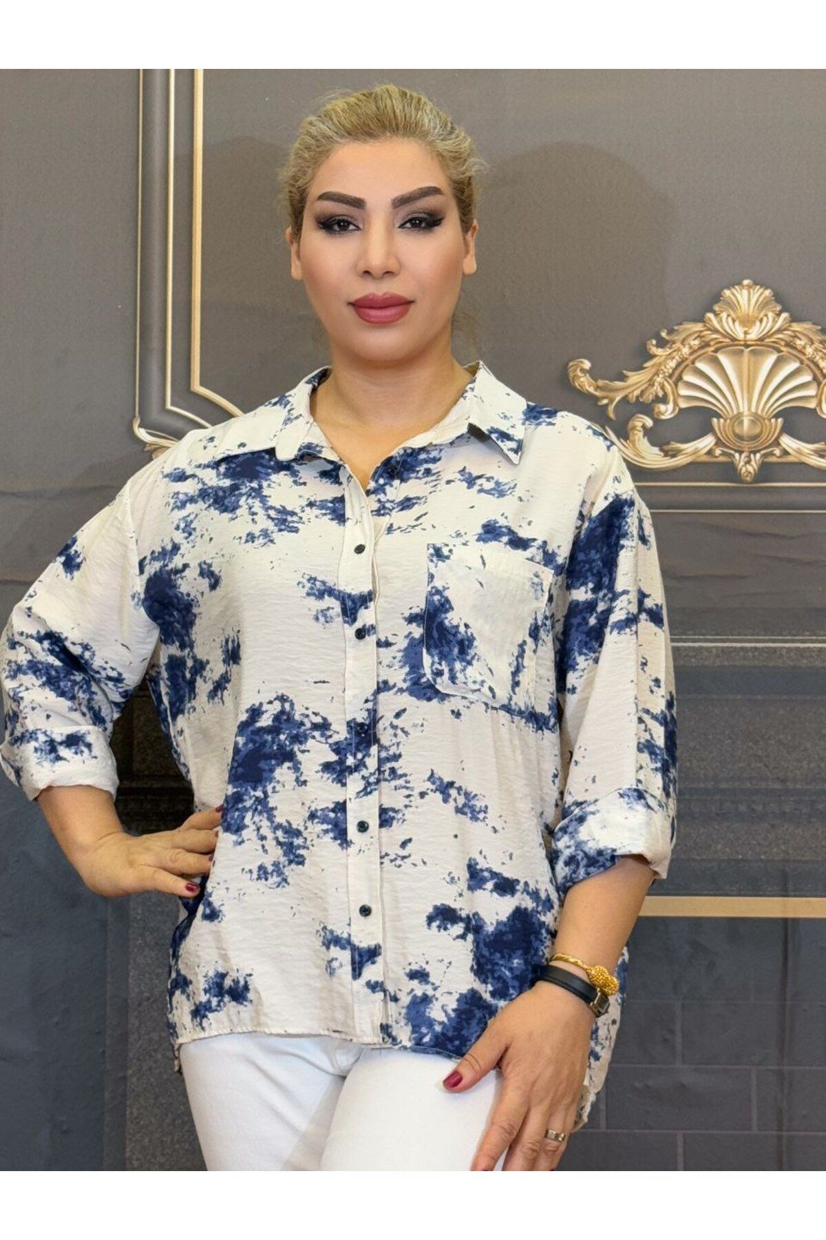 Yeşilmoda Gömlek Pamuklu viskon Erkek yaka Uzun kollu Mavi Desenli Standart beden tek cepli günlük Düğmeli