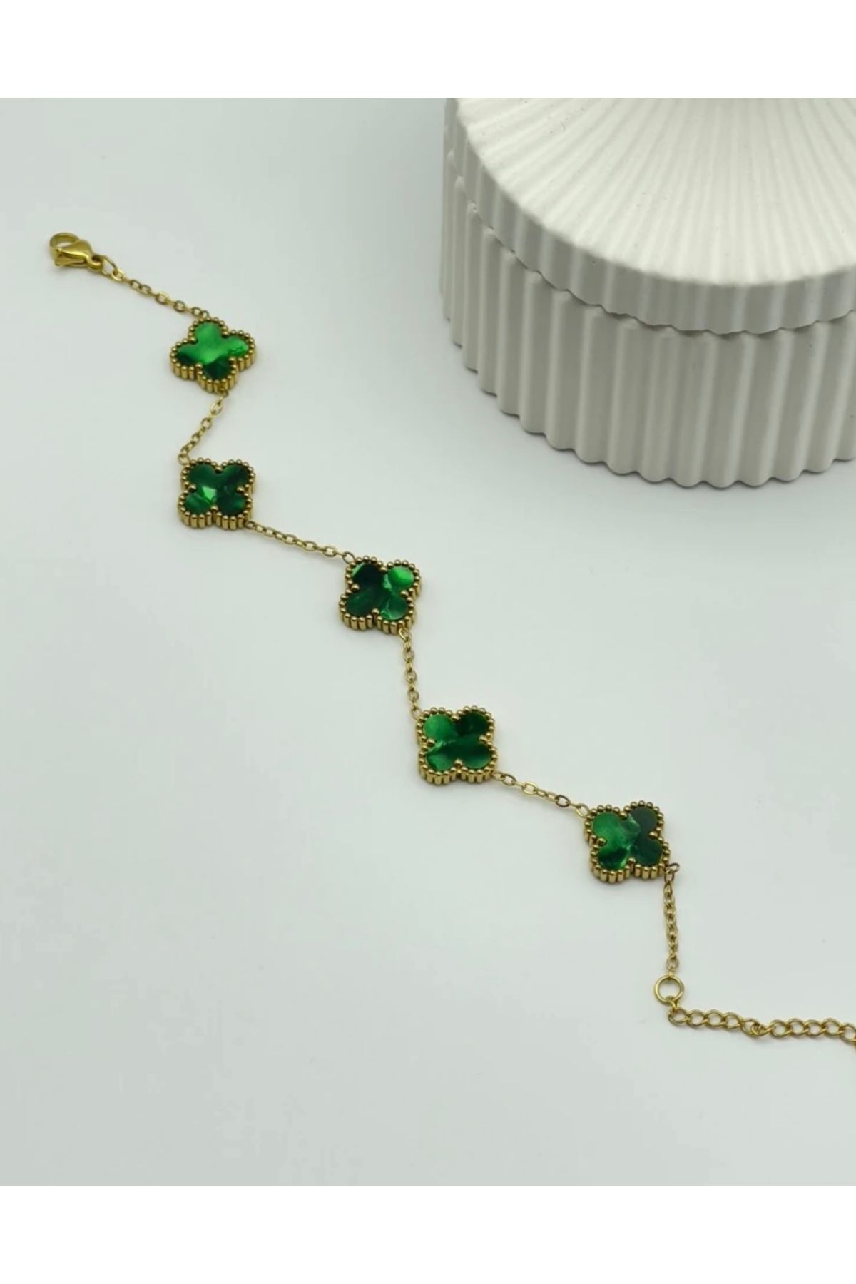 EnazStore 316l Çelik Gold Zincir 5 Yaprak Yonca Model Yeşil bileklik