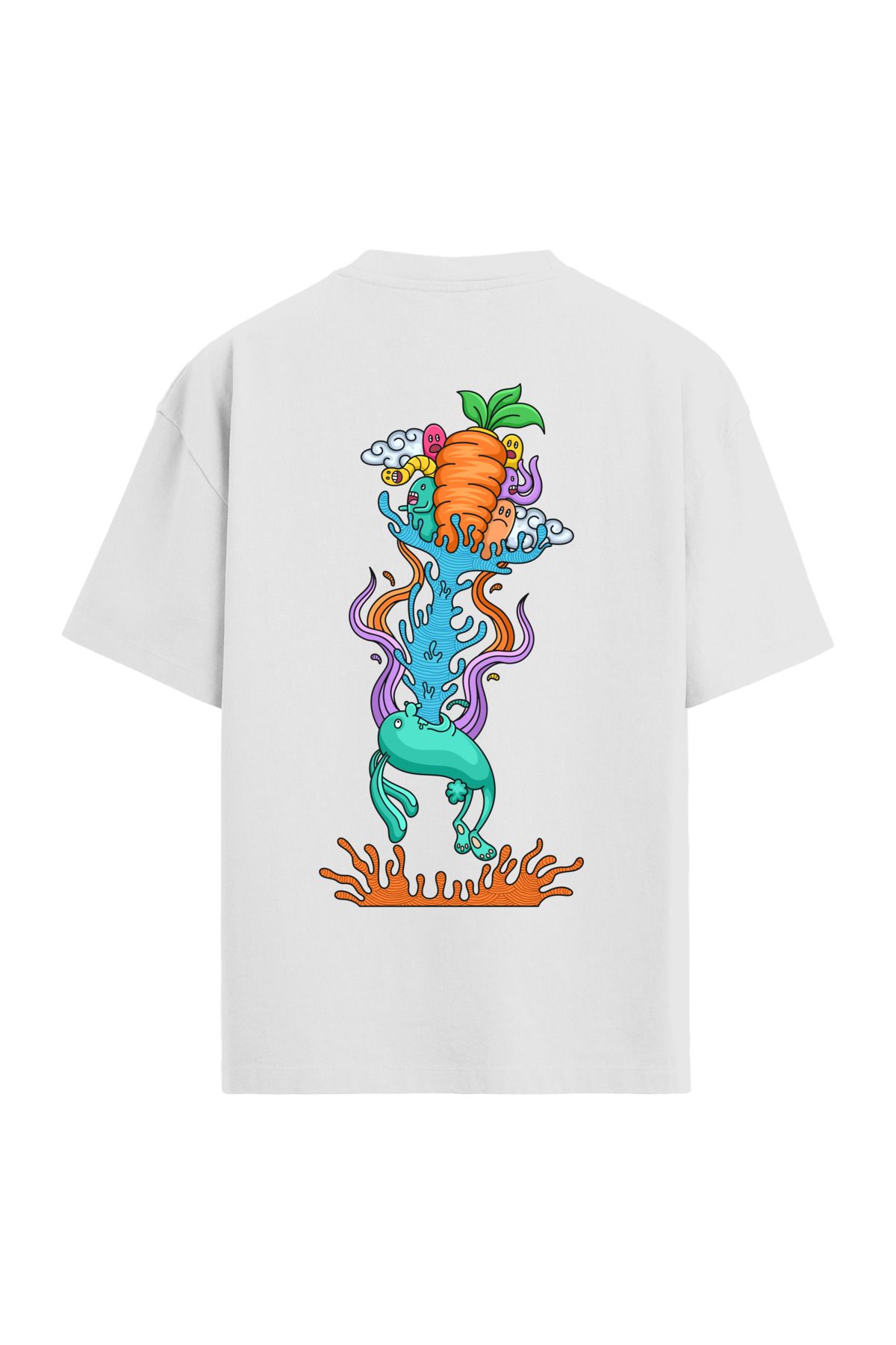 Colermi Havuç ve Karikatür Tasarımlı Sırt Baskılı Oversize T-Shirt