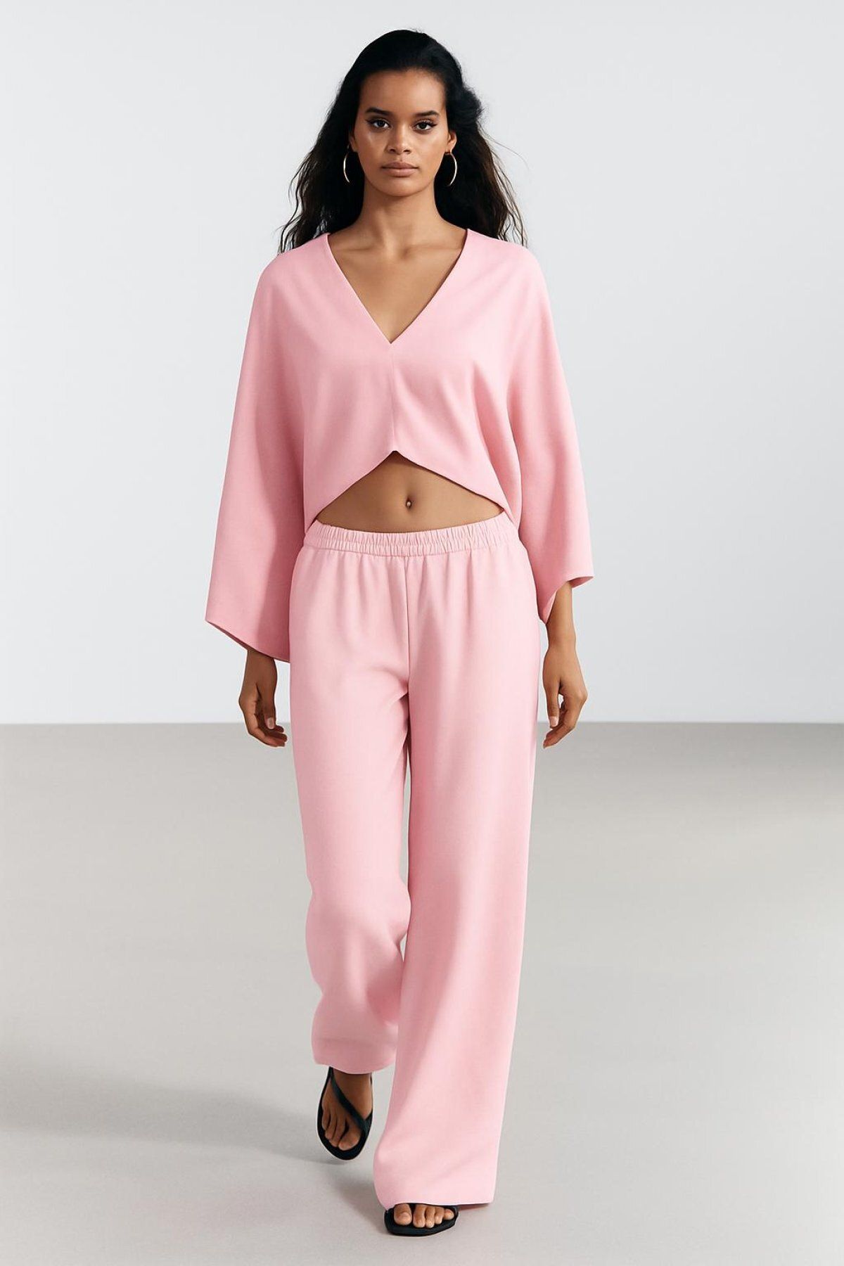 HAKKE Keten Görünümlü Wide Leg PANTOLON