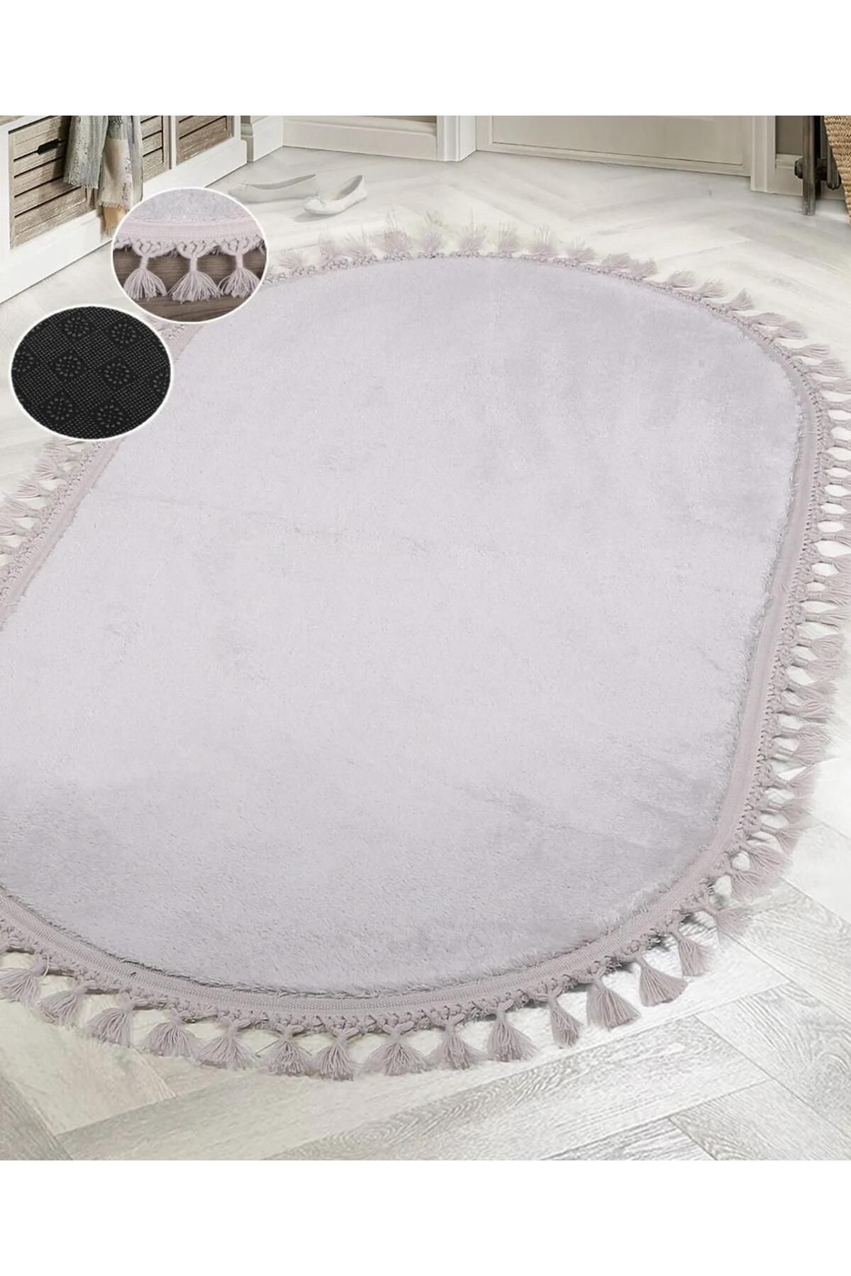 DECORA CASA HOME COLLECTİON Kaymaz Taban Yıkanabilir Oval leke Tutmaz Ponpon Saçaklı Püsküllü Pelüş Salon Oda Halıs