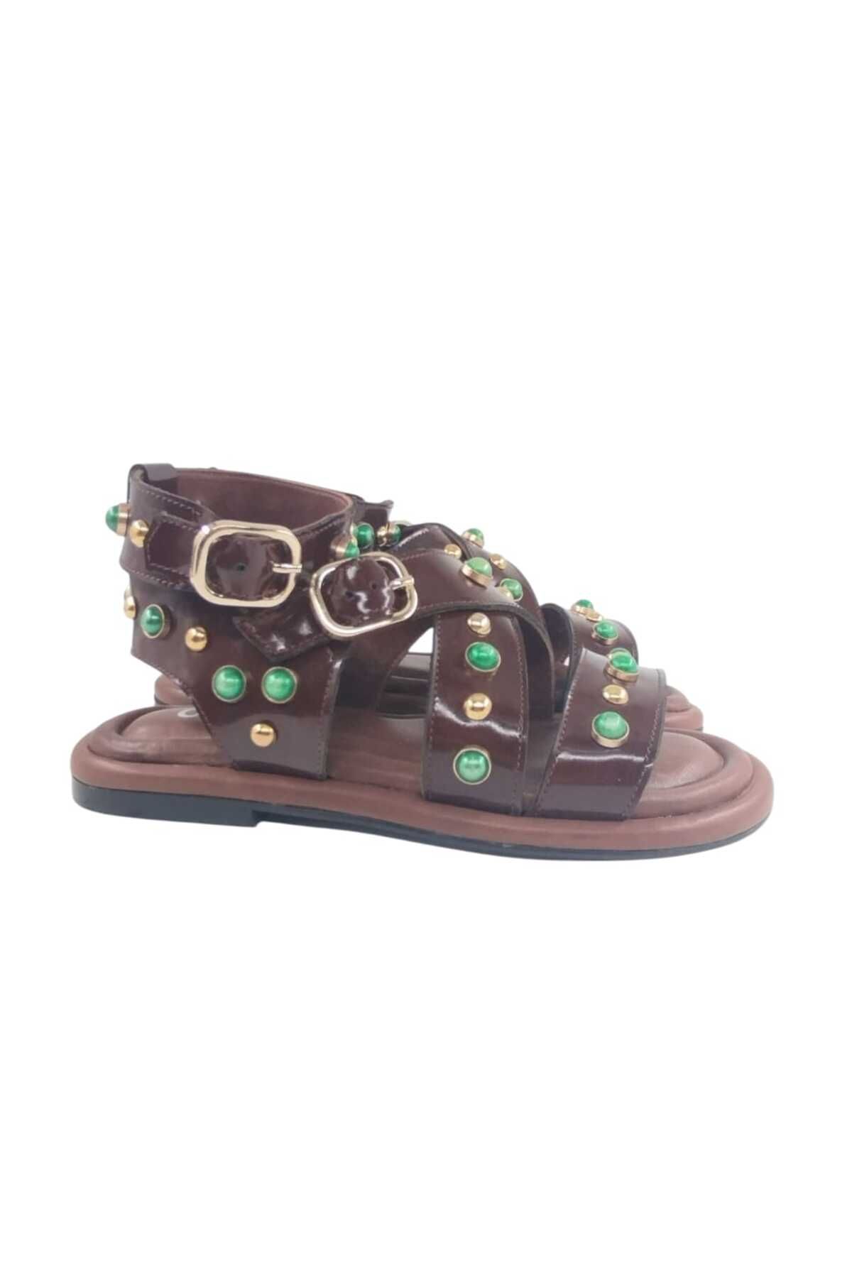 Oneka Shoes Kadın Günlük Rugan Sandalet Troklu 866425 KST1003 Kahverengi açma