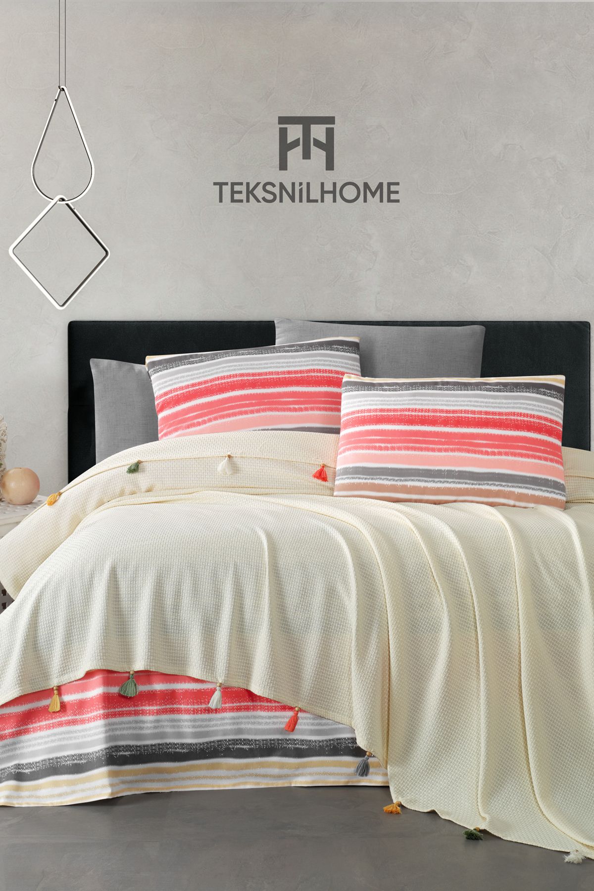TeksNil Home %100 Pamuklu Valeria Tassel Çift Kişilik Püsküllü Pike Takımı(Çarşaf,Pike,Yastık Kılıfı)