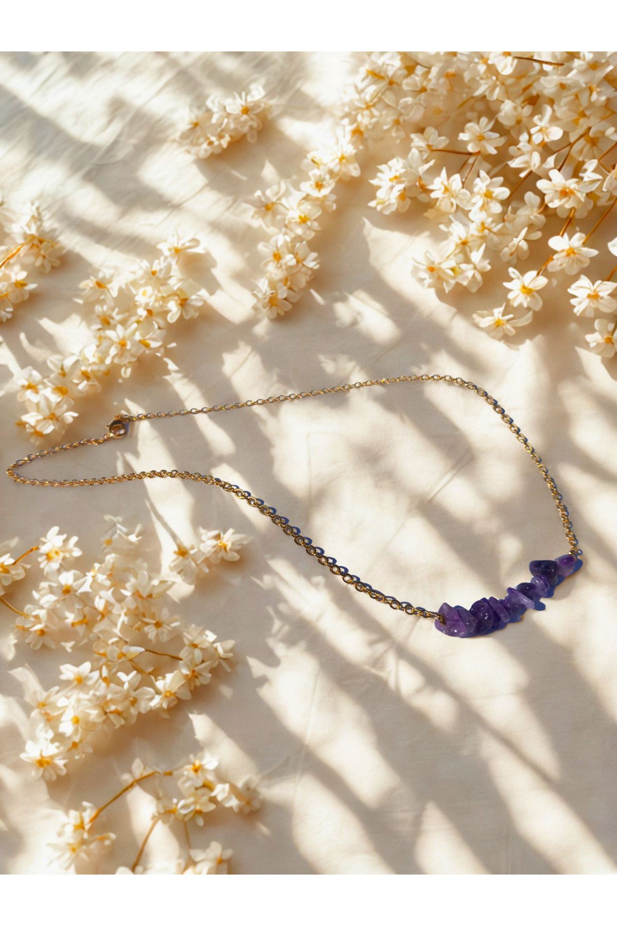 ayrestyle 45 cm Gold Renk İnce Zincirli Doğal Taş Kolye – Ametist, Lapis Lazuli, Sitrin
