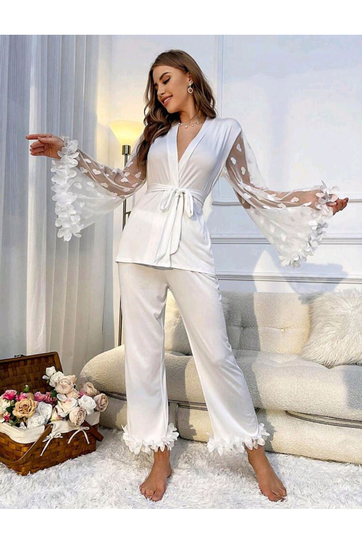 Star Fashion-Pijama pentru mireasa sau nasa, din satin, 2 piese, bluza tip halat, cu cordon si pantaloni lungi 4