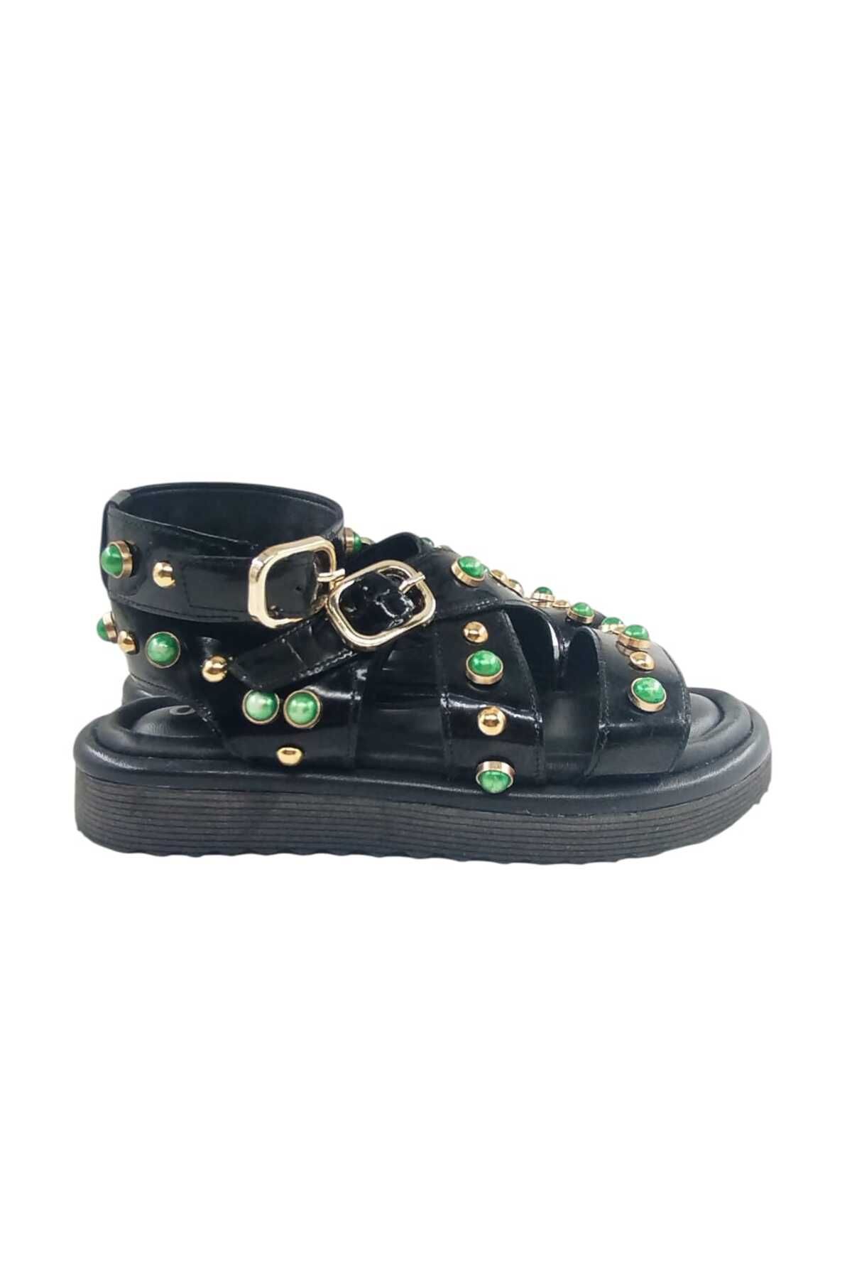 Oneka Shoes Kadın Günlük Rugan Sandalet Troklu 866425 KST1002 Siyah açma
