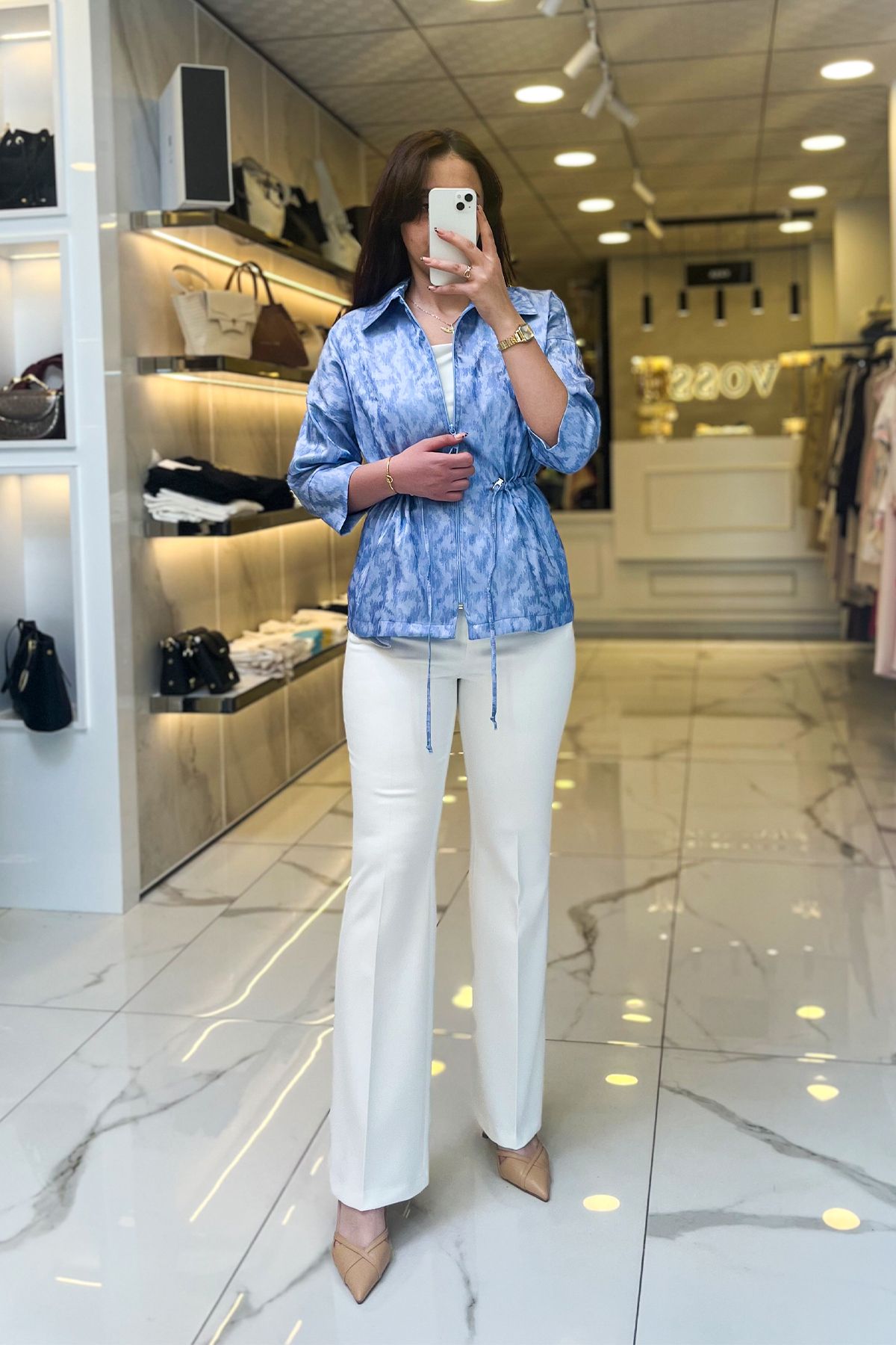 Vosse On Fashıon Mavi Desenli Beli Büzgülü Ceket