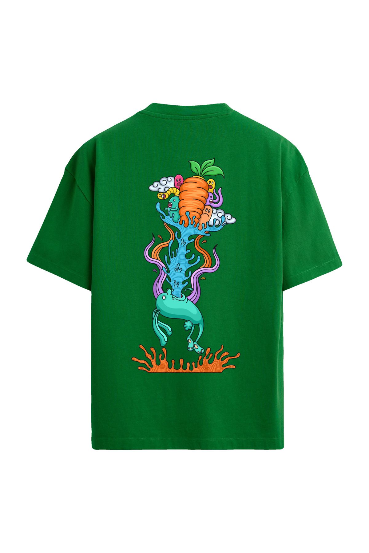 Colermi Havuç ve Karikatür Tasarımlı Sırt Baskılı Oversize T-Shirt