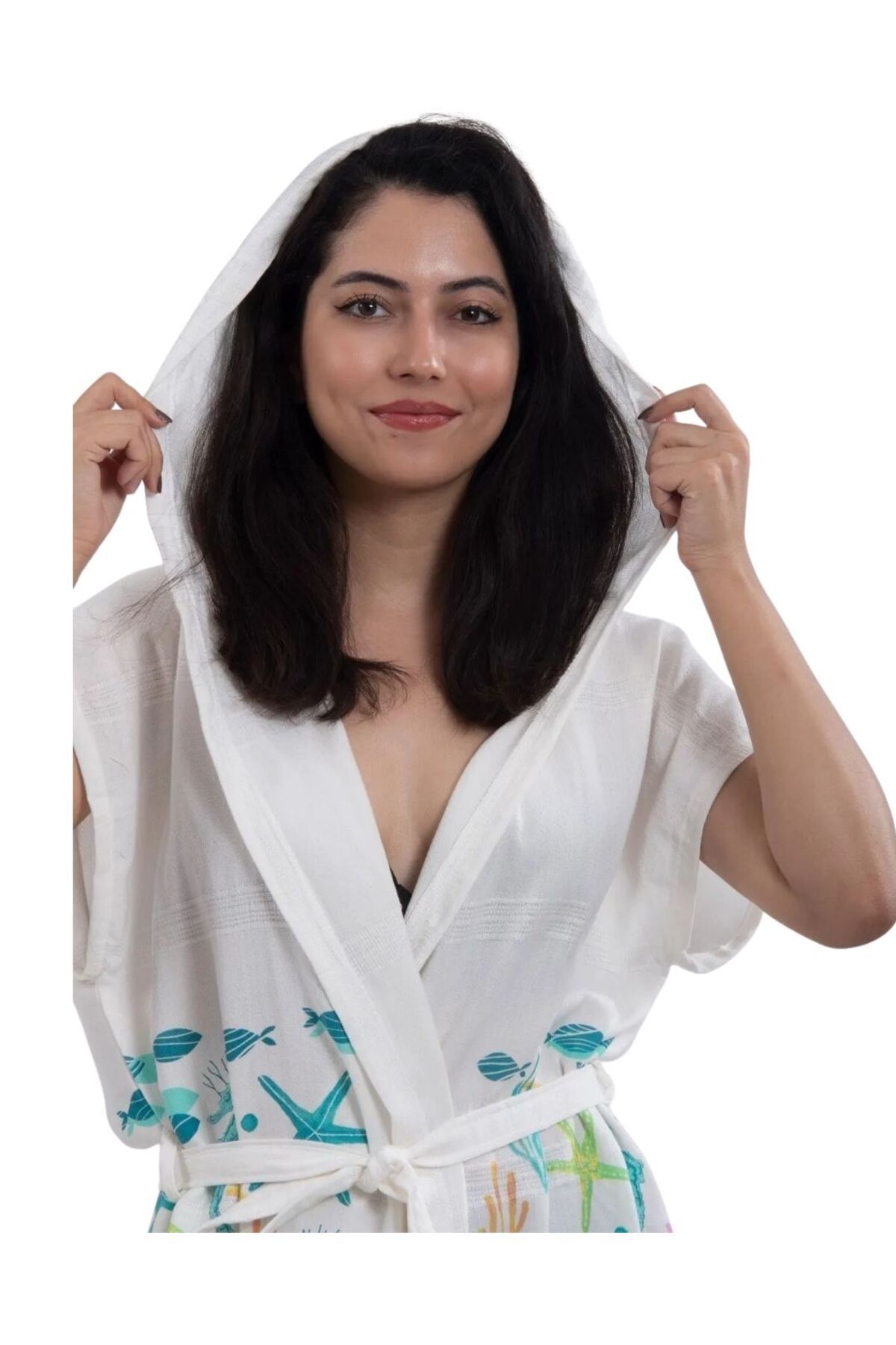 Luppio Kapüşonlu Beachwear %100 Pamuklu Desenli Plaj Kimono