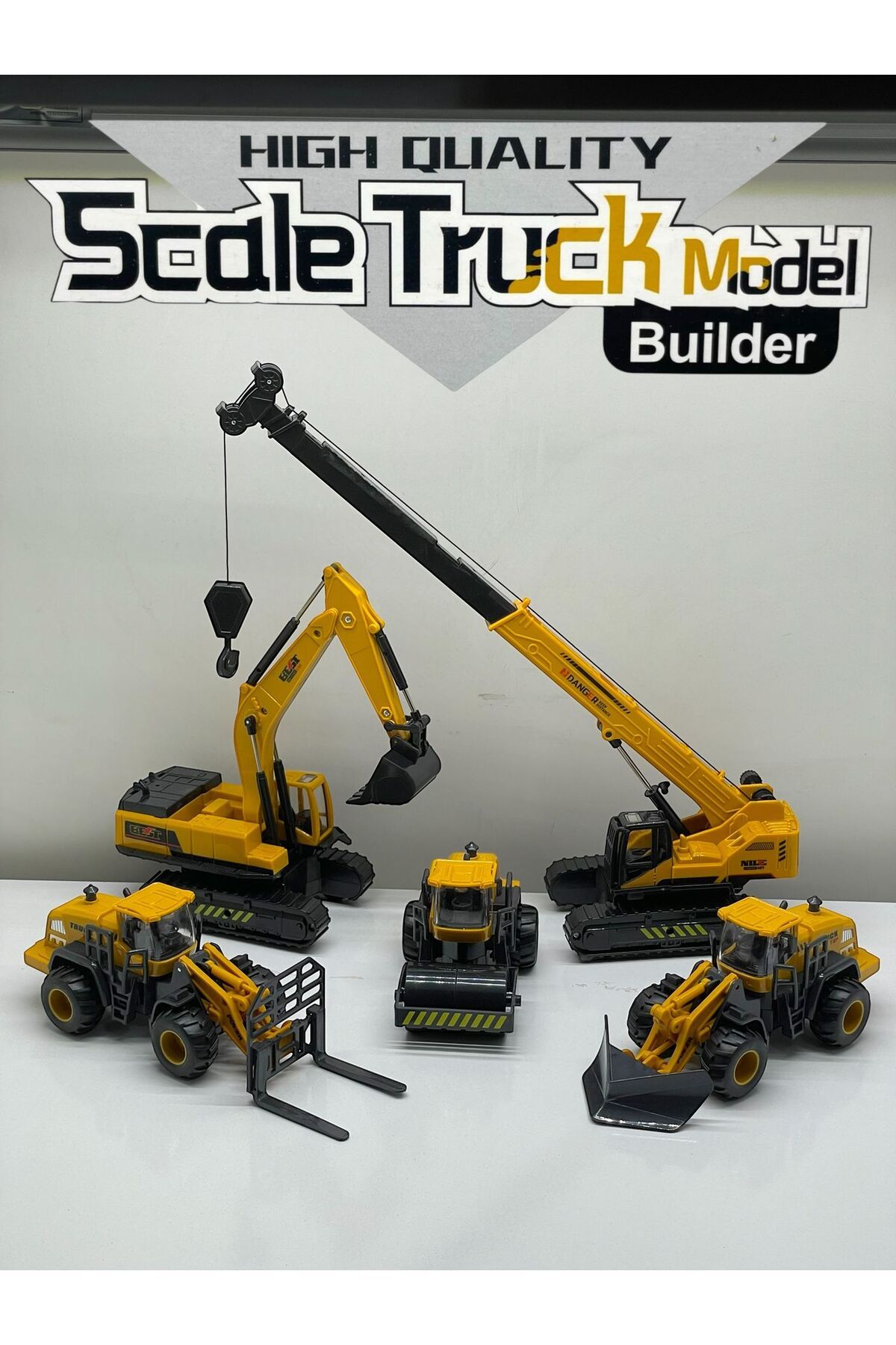 SCOWETTO Eğitici İnşaat araçları Kepçe Vinç Forklift Kar Küreyici Slindir 5Li Set