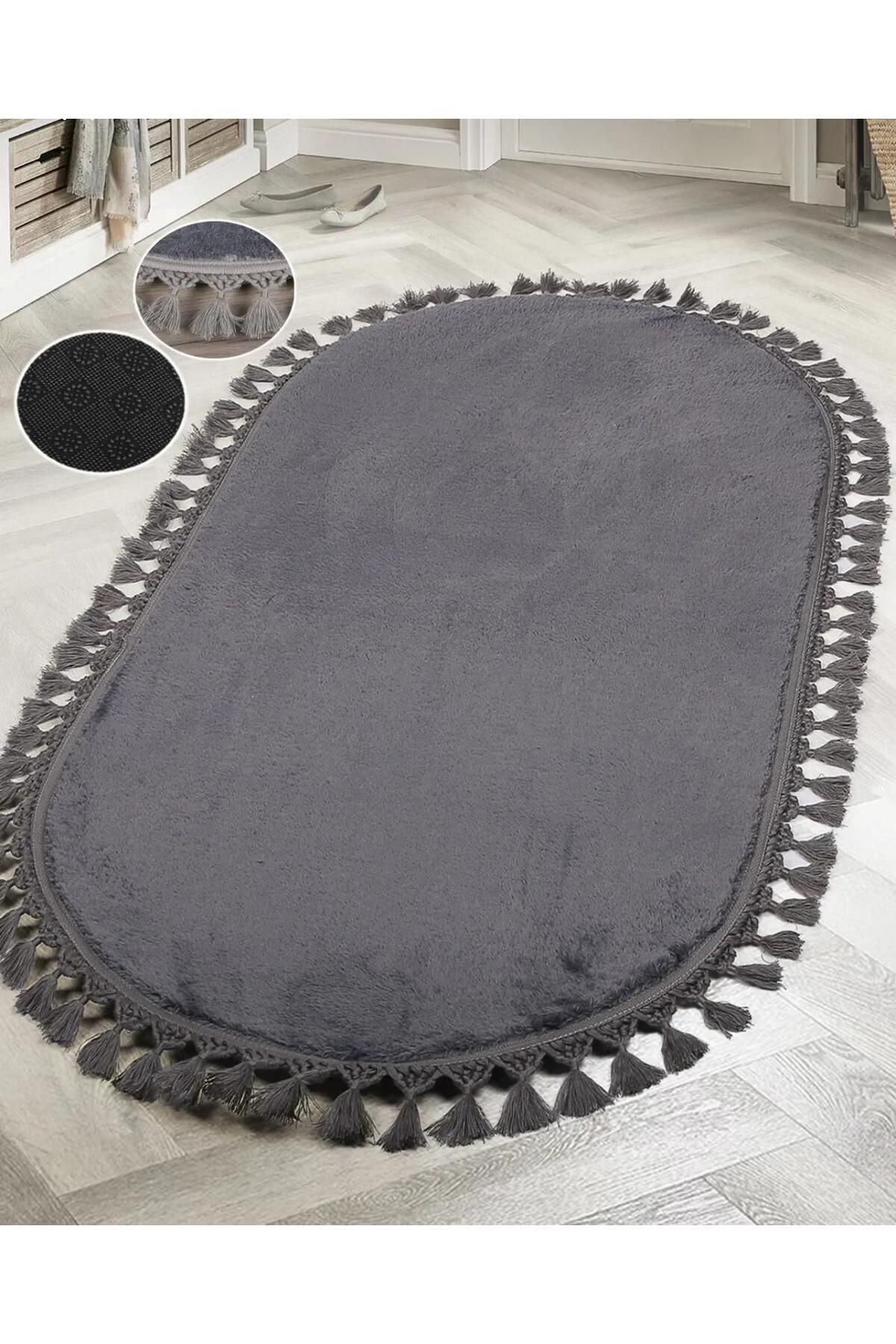 DECORA CASA HOME COLLECTİON Kaymaz Taban Yıkanabilir Oval leke Tutmaz Ponpon Saçaklı Püsküllü Pelüş Salon Oda Halıs