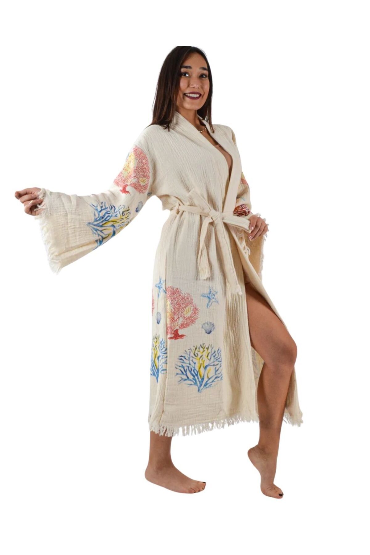 Luppio Beachwear %100 Pamuklu Mercan Desen Müslin Kimono
