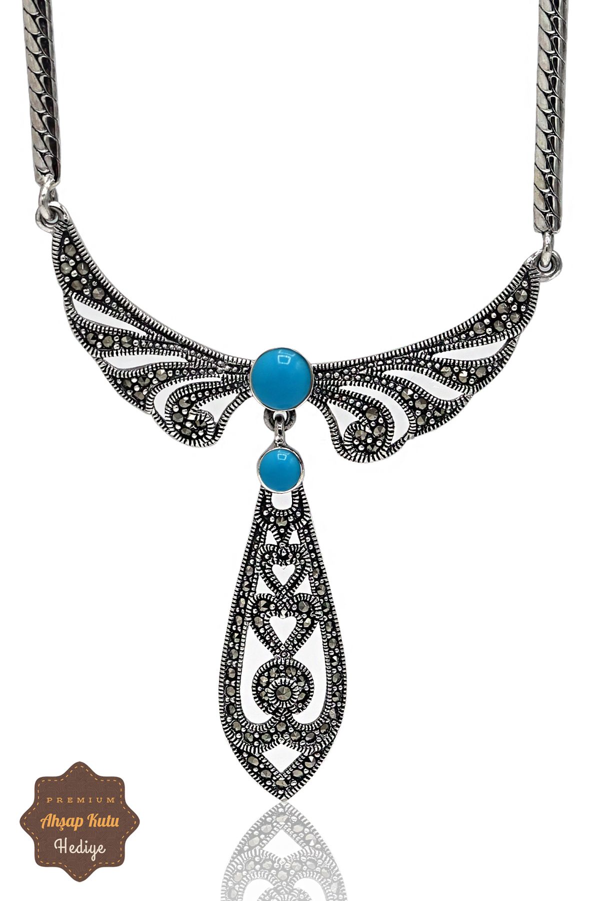 Midyat Nurtaş Gümüş Firuze Taşlı Melek Kanat Model Markazit Taşlı Gümüş Kadın Gerdanlık 201024269
