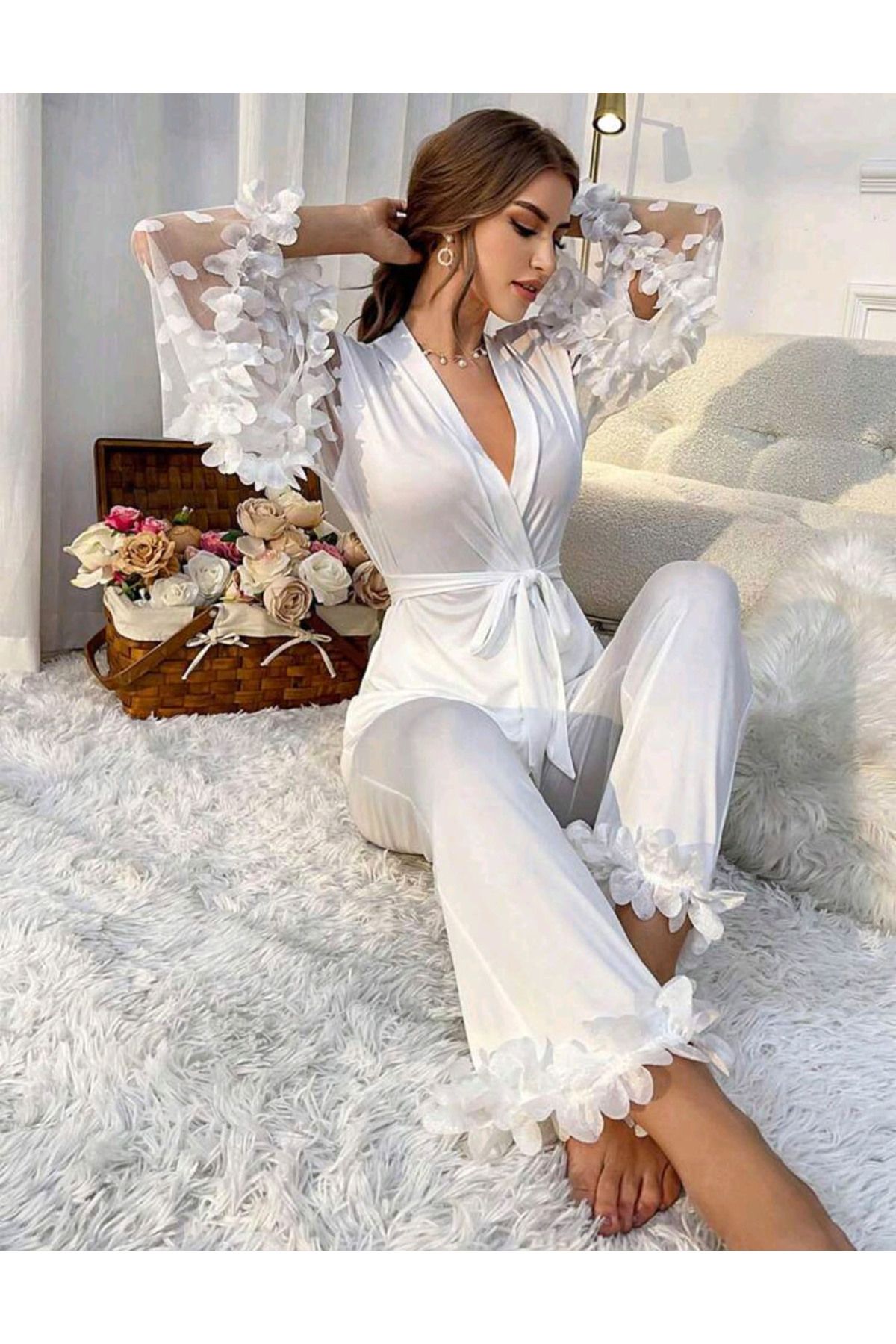 Star Fashion-Pijama pentru mireasa sau nasa, din satin, 2 piese, bluza tip halat, cu cordon si pantaloni lungi 2