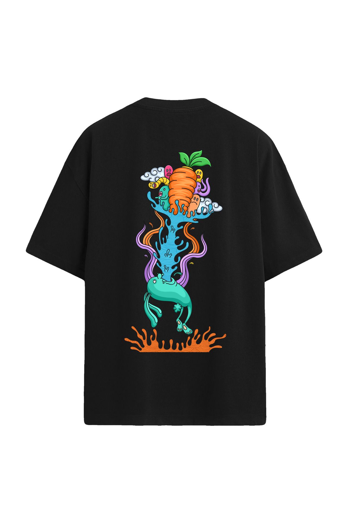 Colermi Havuç ve Karikatür Tasarımlı Sırt Baskılı Oversize T-Shirt