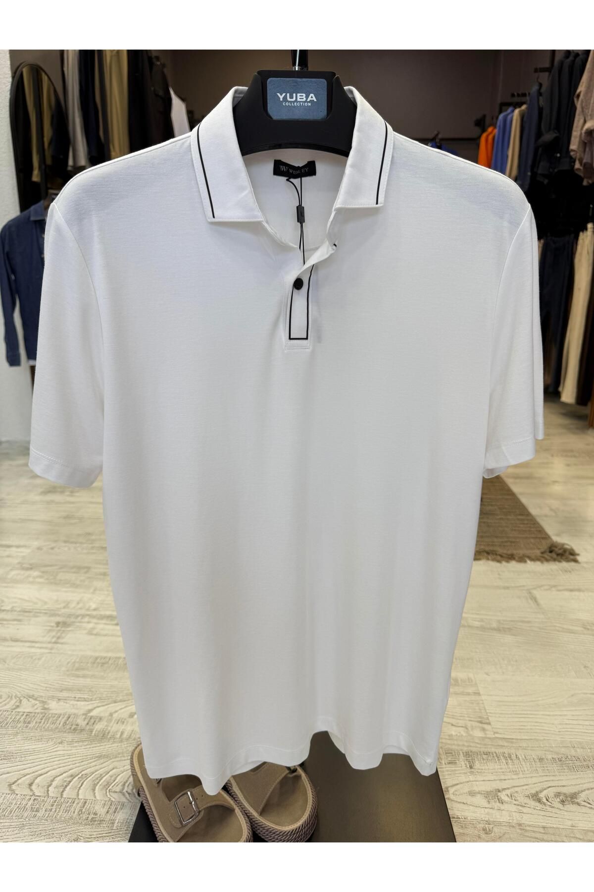 Yubacollection Metal Düğme Polo Yaka Tshirt Beyaz