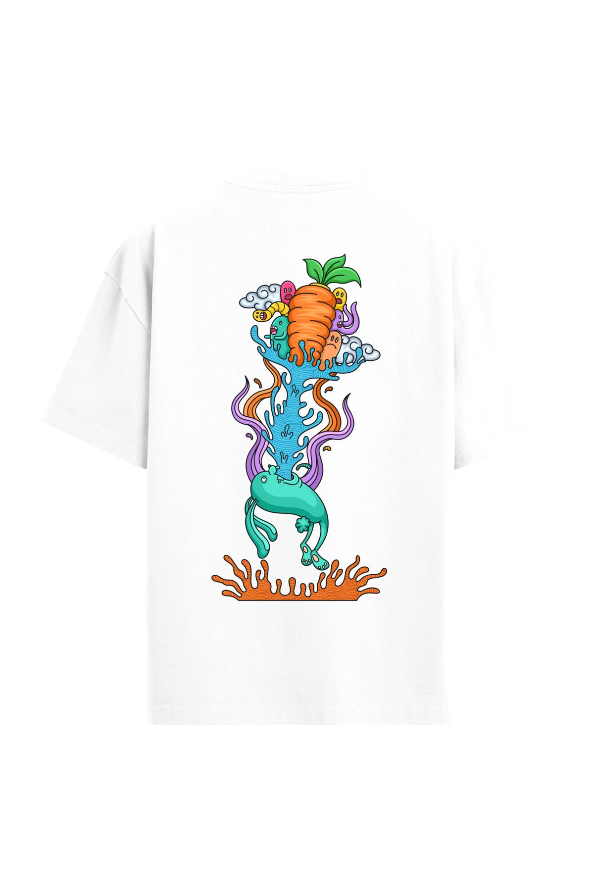 Colermi Havuç ve Karikatür Tasarımlı Sırt Baskılı Oversize T-Shirt