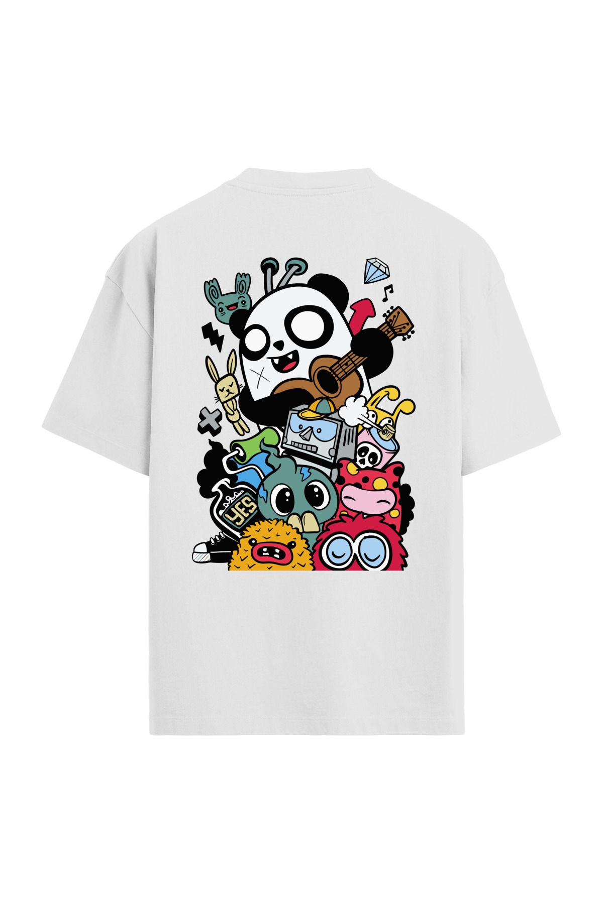 Colermi Panda ve Karakterler Sırt Baskılı Oversize T-Shirt