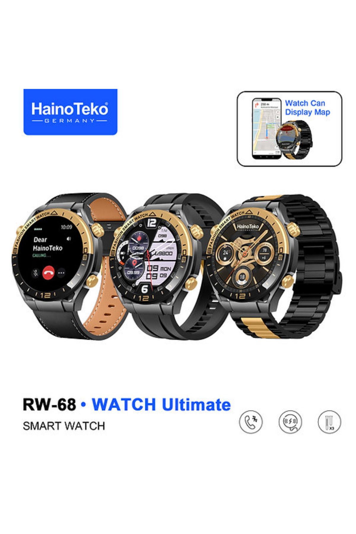 BellaThec RW68 Watch Akıllı Saat GPS Harita Okuma IP67 Su Geçirmez Bluetooth Arama 3 Kordon