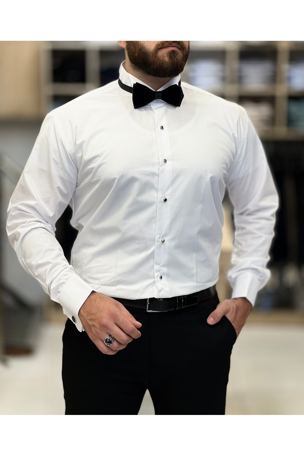 SAVARA Damatlık gömlek siyah çizgili düz beyaz slimfit kalıp kol düğme hediyeli!