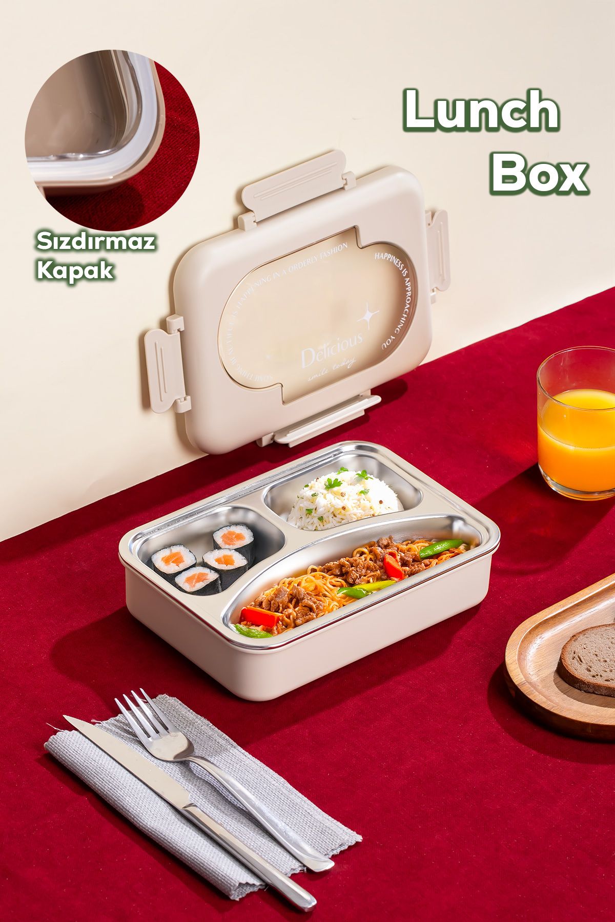 Porsima Paslanmaz Çelik 3 Bölmeli Vakumlu Yemek Termosu Beslenme Kutusu Taşınabilir Lunch Box Sefer Tası
