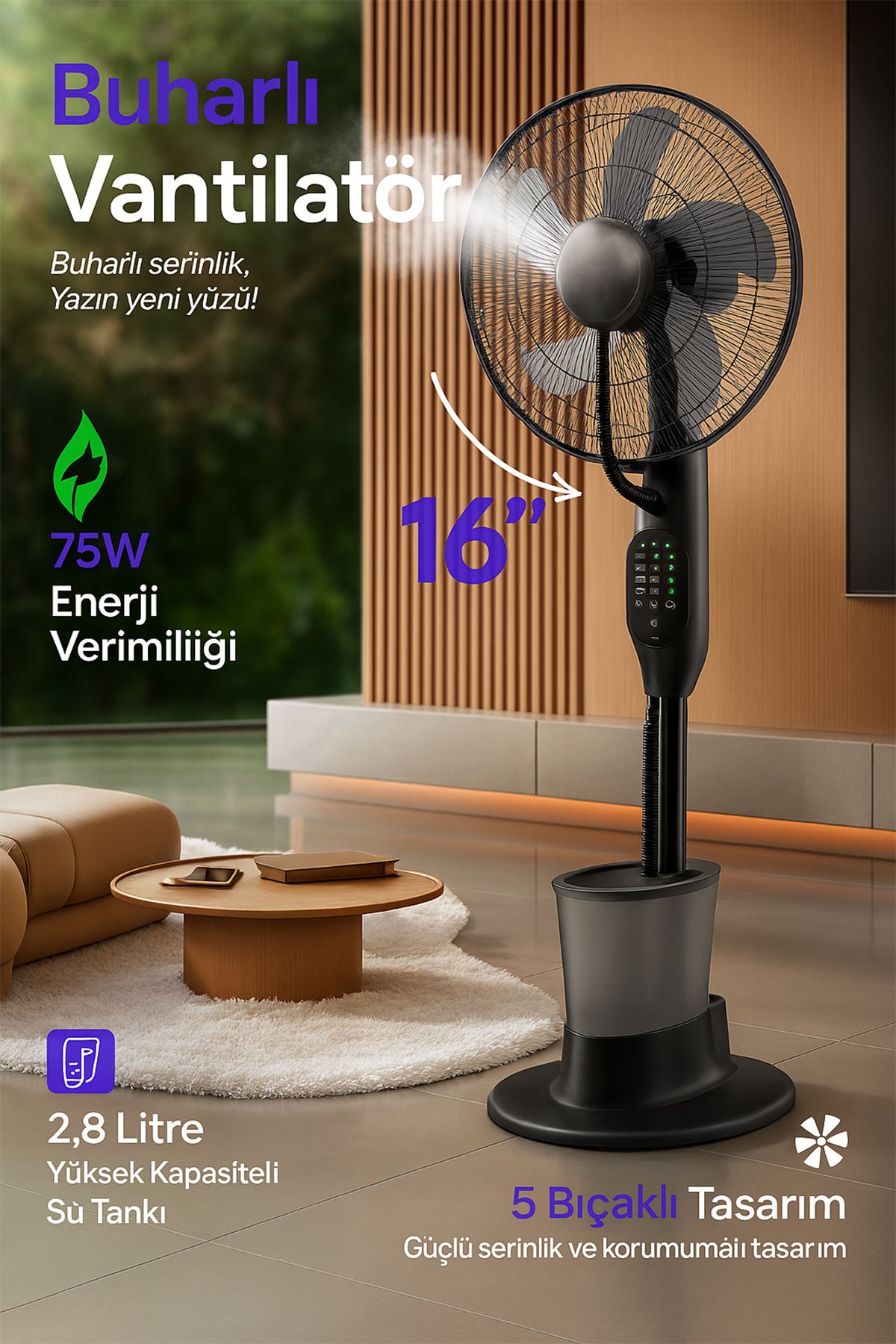 TECHNOMEN Taşınabilir Buharlı Vantilatör | 5L Su Hazneli Sessiz Serinletici Mini Klima | Spreyli Ayaklı Fan