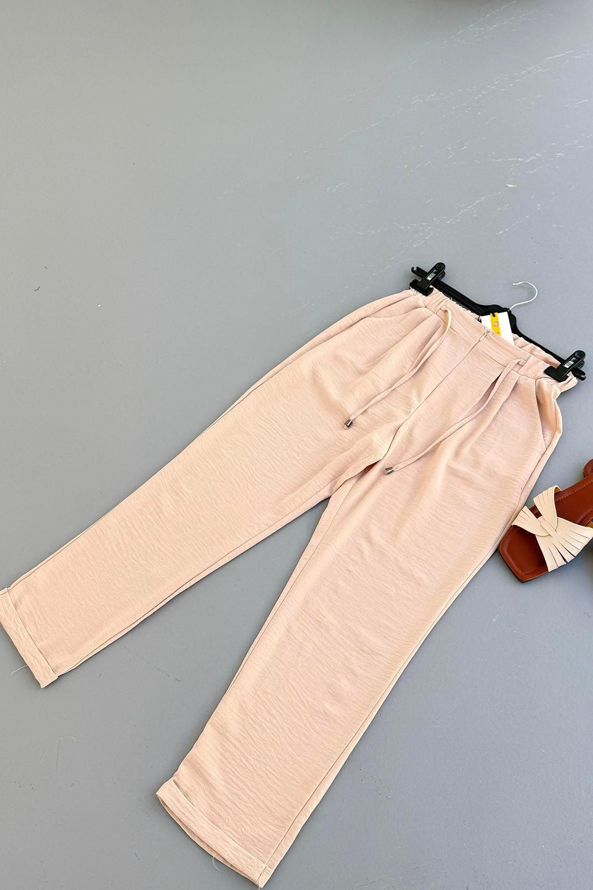 Modaensarbutik Aerobin Kumaş Havuç Kesim Pantolon-BEJ